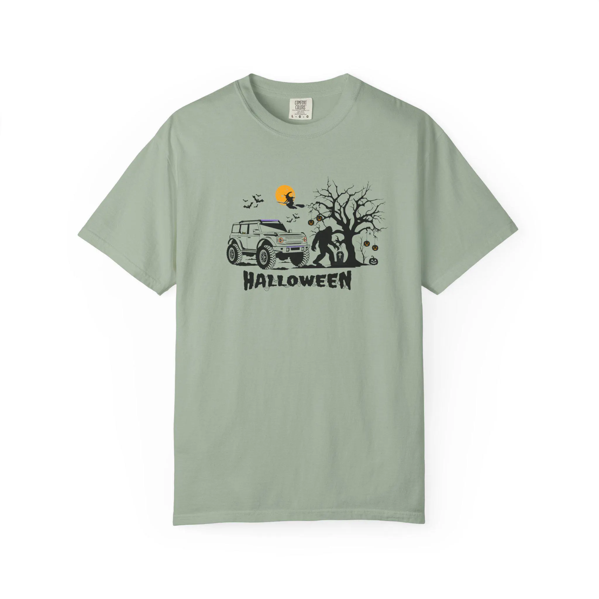 Spooky Vintage 4x4 SUV Halloween T-Shirt | Pumpkin Moon, Bare Tree Witch Tombstone Bats - image 3