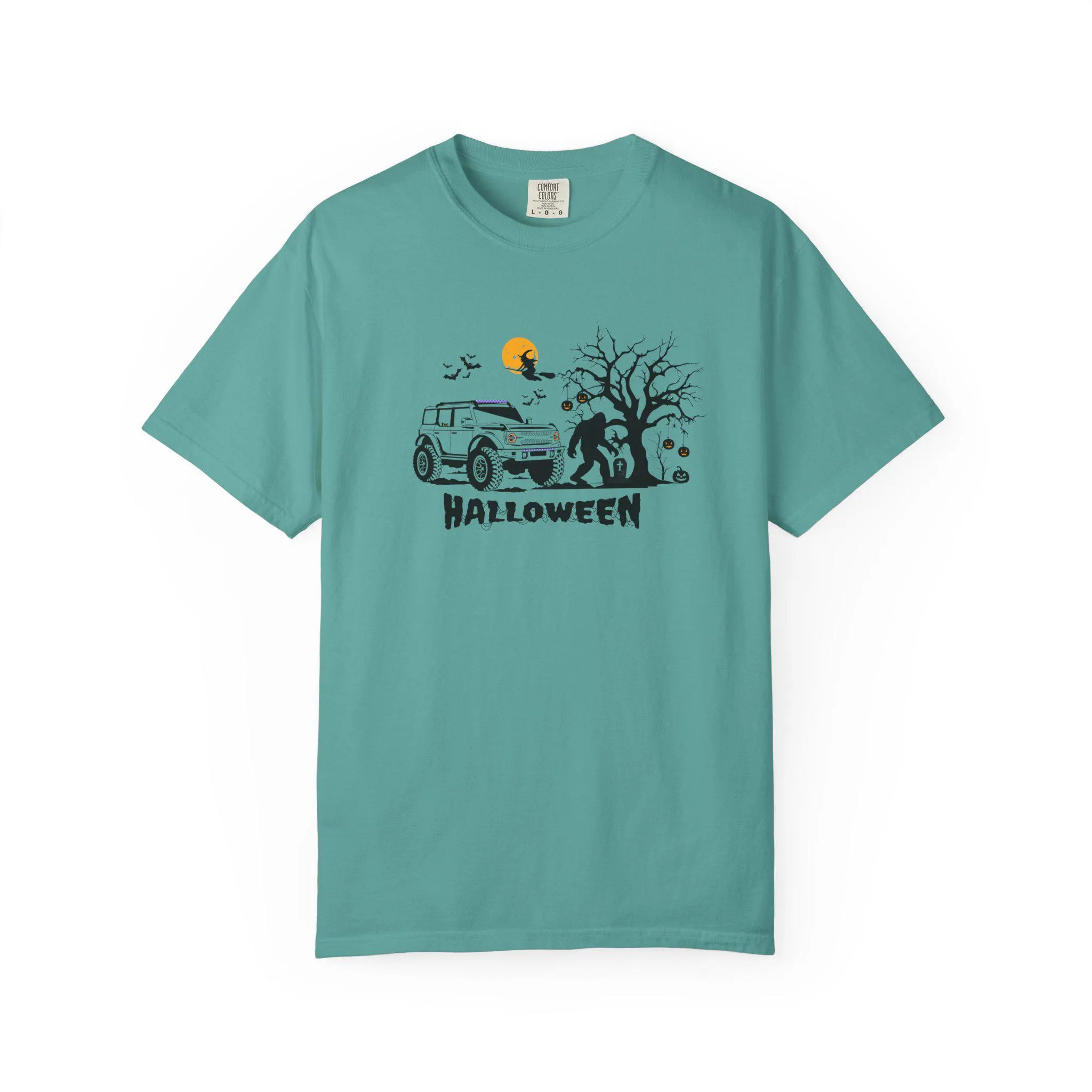 Spooky Vintage 4x4 SUV Halloween T-Shirt | Pumpkin Moon, Bare Tree Witch Tombstone Bats - image 5