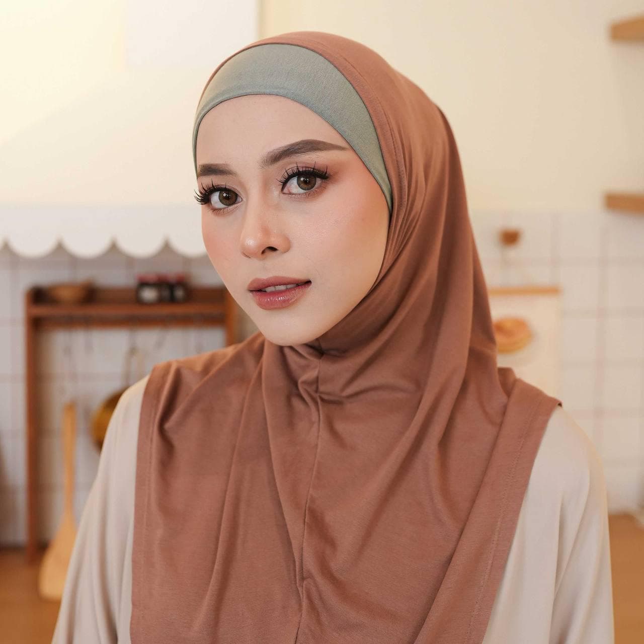 PARVANA Two-Tone Head Cover with Inner Securing Ties, Quick Easy Wear No Pin One-Piece Instant Hijab Pink Sage Green Matcha - image 5