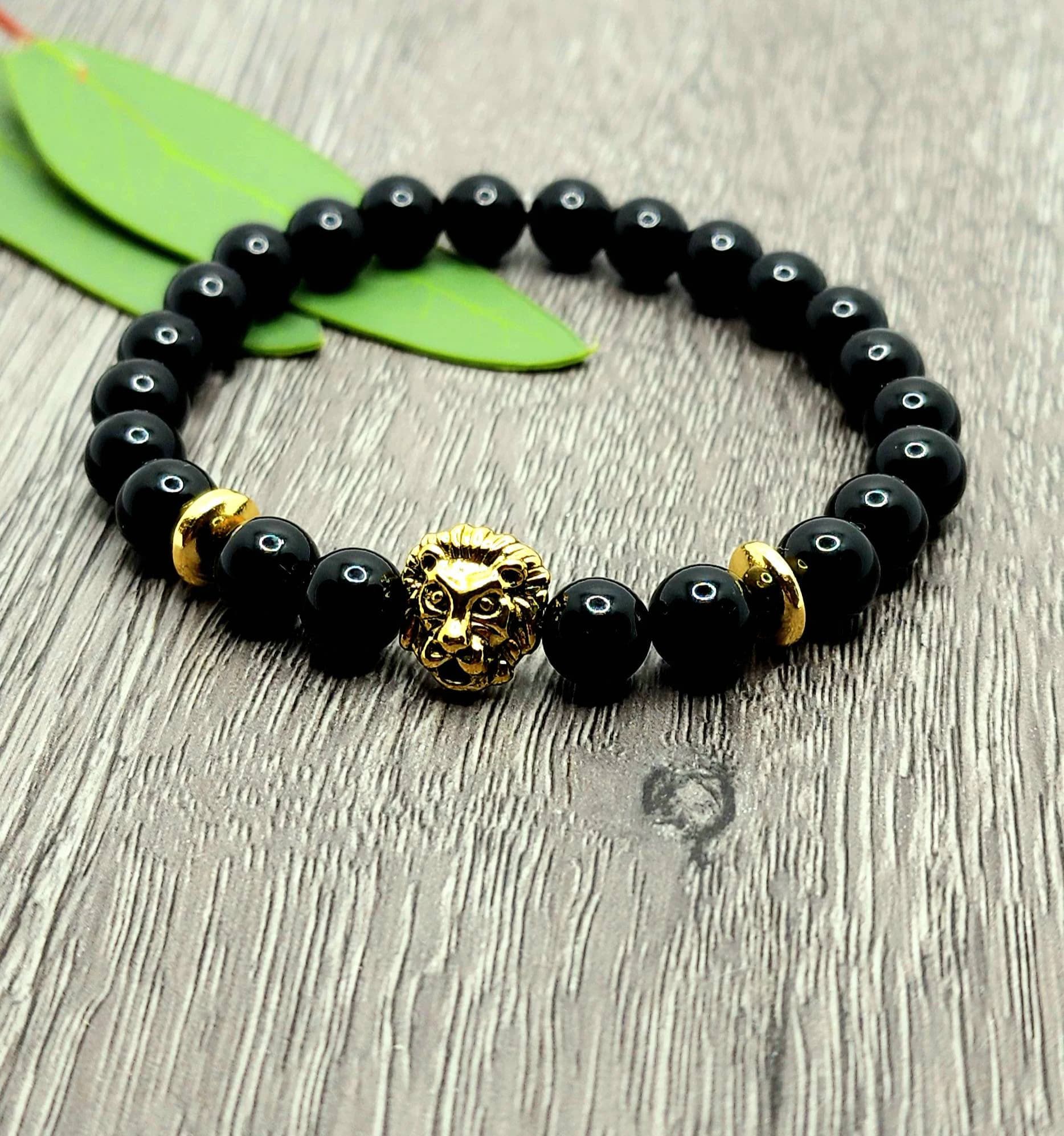 Lion Bracelet  / Black Bead Bracelet / Men's Bracelet / Charm Bracelet / Gifts 30 and Under