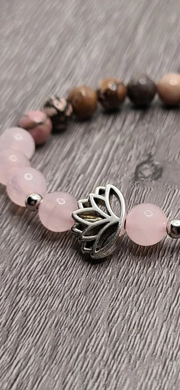 Healing Rose Quartz and Rhodonite Lotus Charm Stone Bracelet Gifts under 30 - image 3