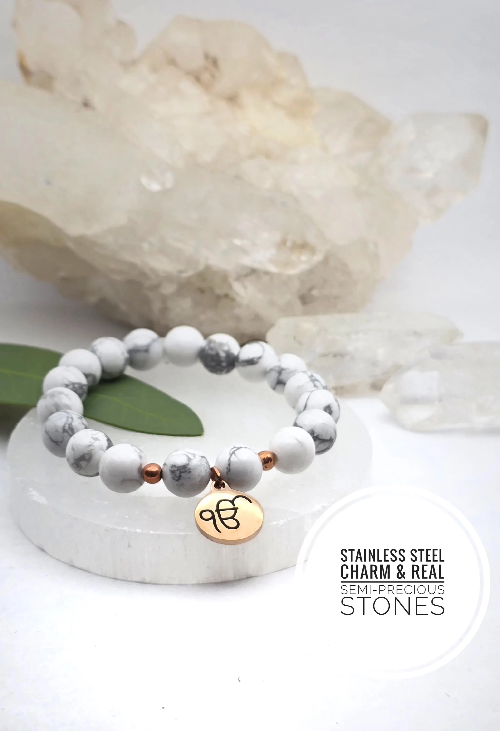 Ik Onkar Charm Bracelet with 8 mm Healing Howlite Stones Gifts 30 and Under