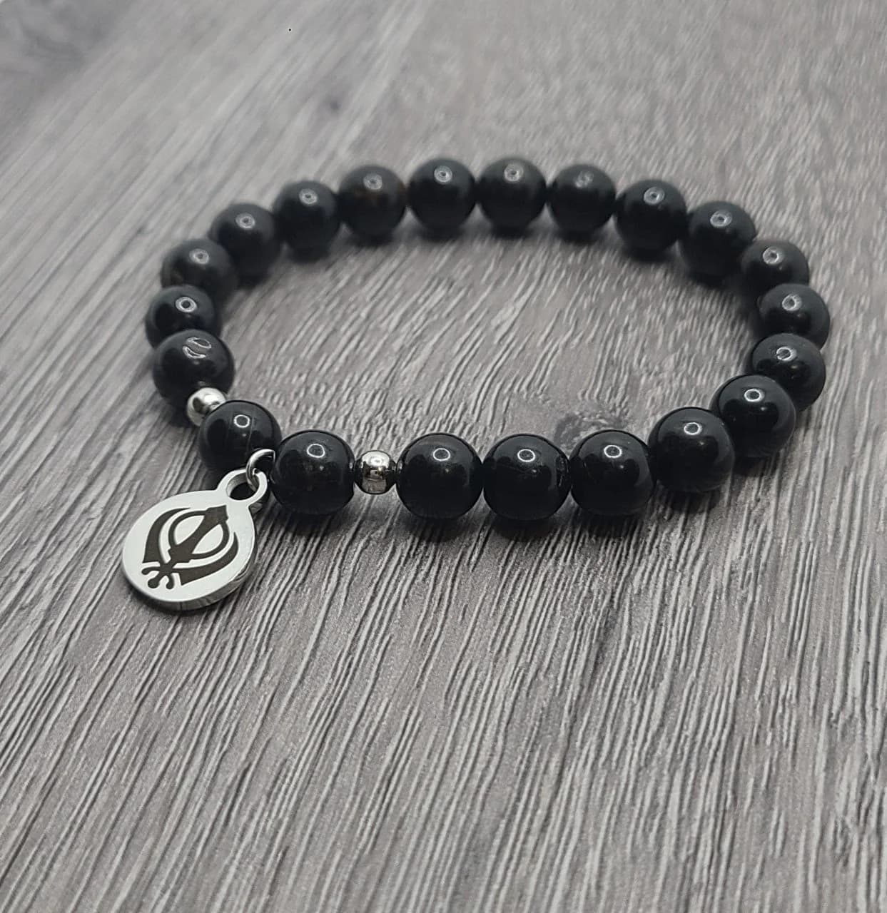 Khanda Bracelet / Stainless Steel Charm / Black Agate Stone Healing Bracelet / Gifts 30 and Under / Sikh Jewelry / Punjabi Jewelry /