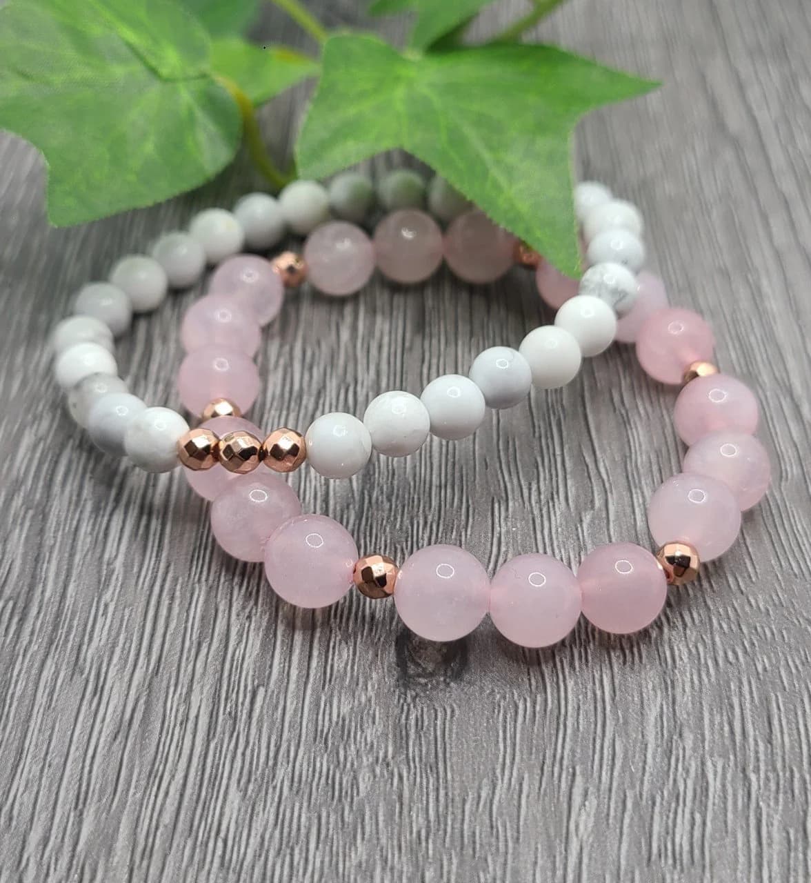 Pink Love Rose Quartz Healing Stone Bracelet/Howlite Stone Set with Rose Gold Hematite Beads / Valentine's Day Gift for Her