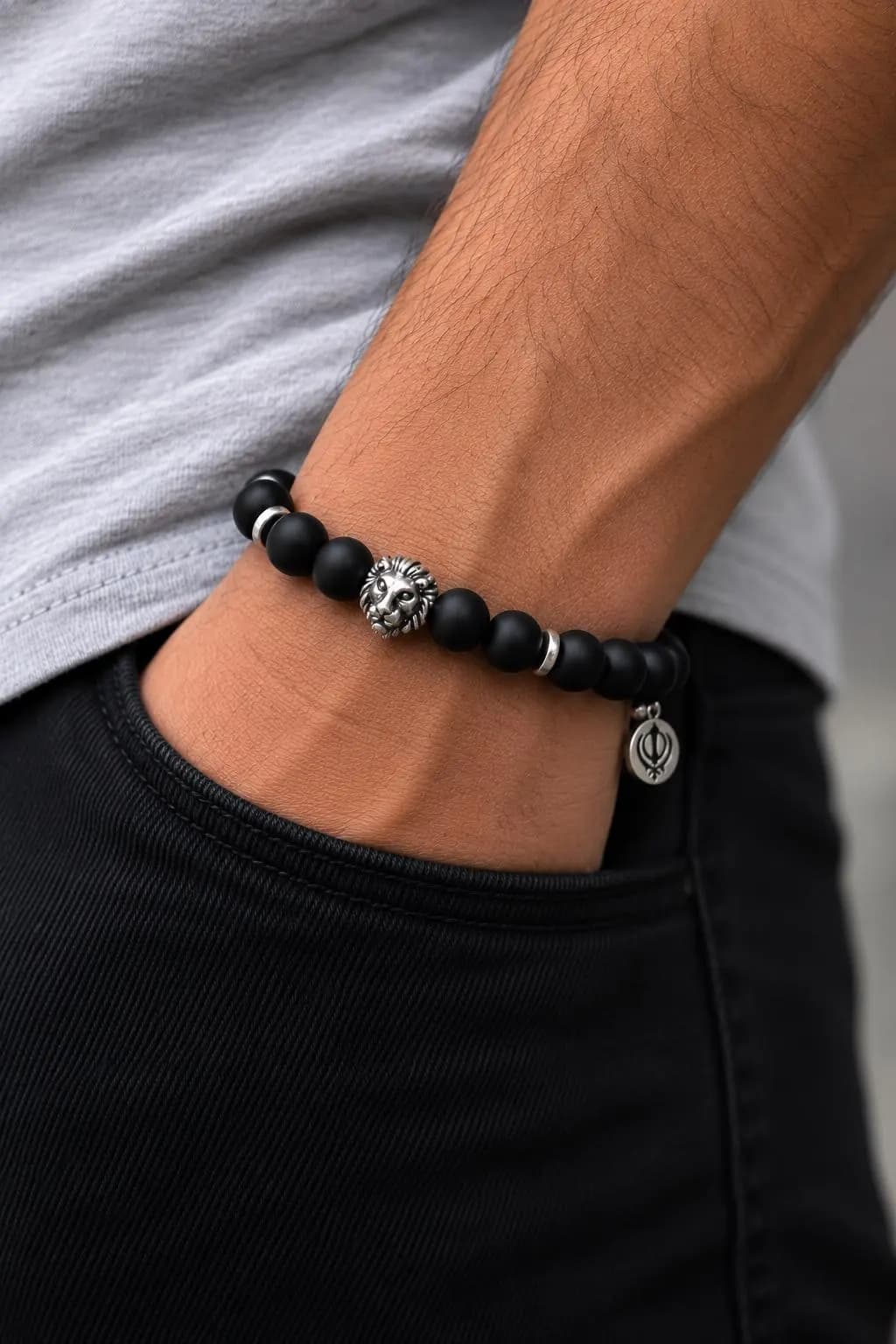 10 mm Matte Black Agate Lion/Khanda Men's Bracelet Gifts for Him
