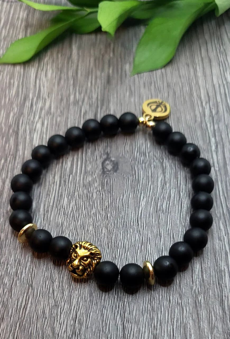 Khanda Bracelet - 8 mm Black Bracelet - Lion Charm Bracelet- Gifts for Him - Gifts for Her - Sikh Jewelry, Punjabi Jewelry Handmade Bracelet