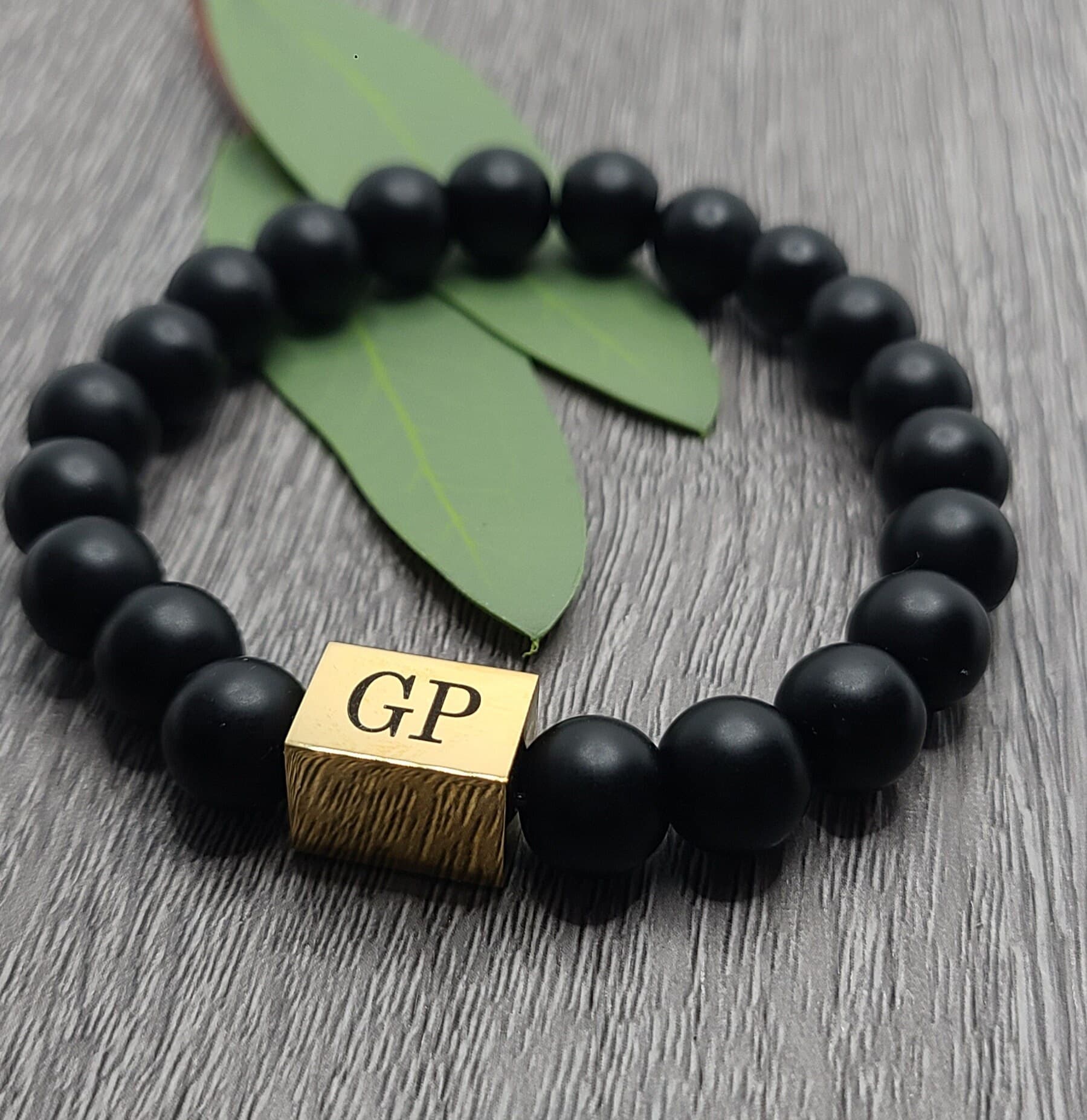 Letter, Initial Bracelet, Personalized Name, Date / 3D Bar Engraved Beaded Bracelet / Stainless Steel - Gold/Rose Gold/Silver
