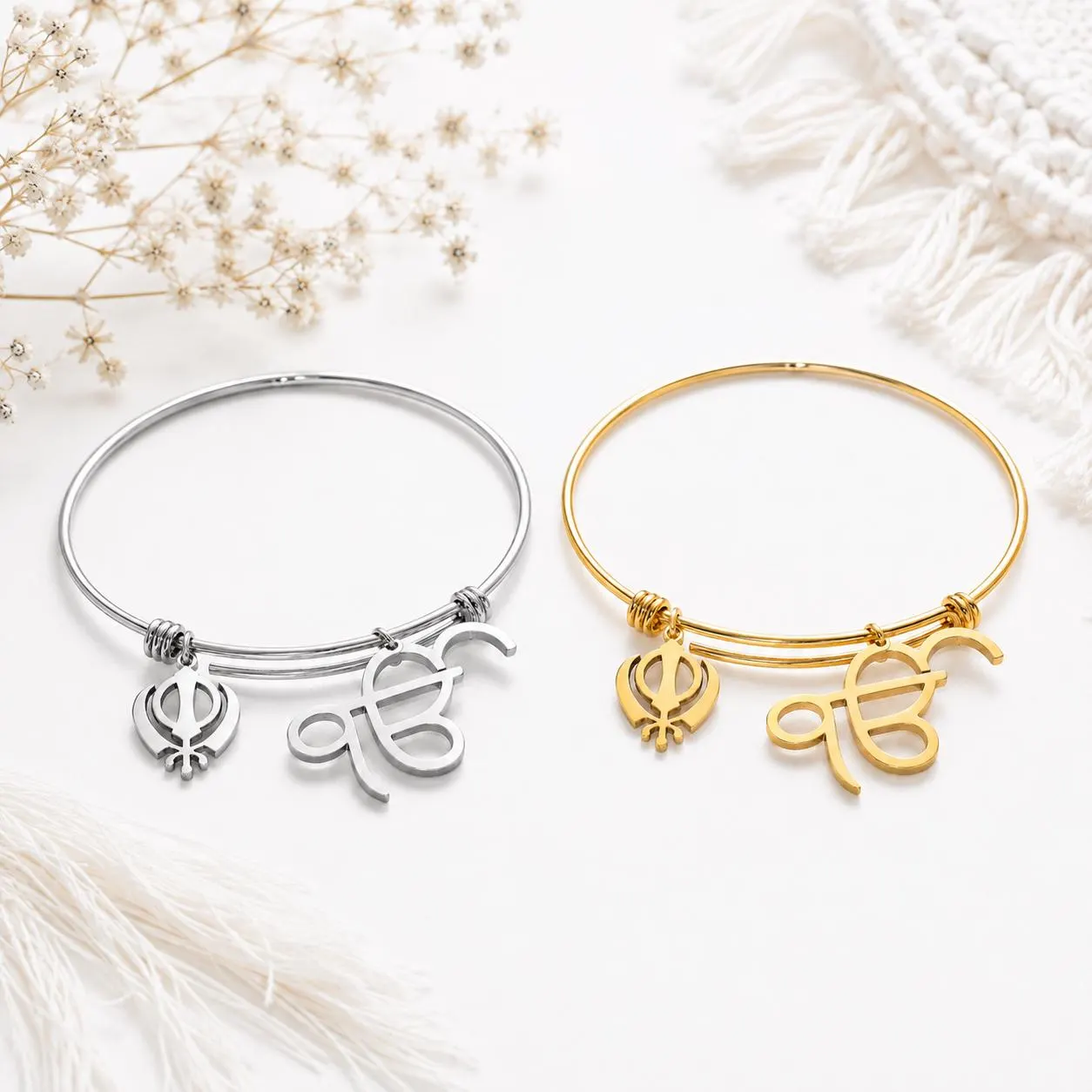 Sikh Ik Onkar Khanda Bangle | Adjustable Stainless Steel Punjabi Kada Bracelet Gold Silver |