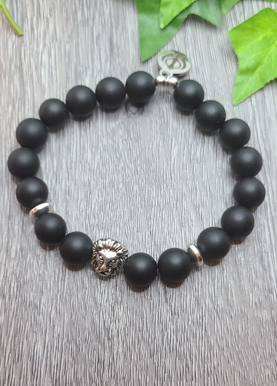 10 mm Matte Black Agate Lion/Khanda Men's Bracelet Gifts for Him - image 3