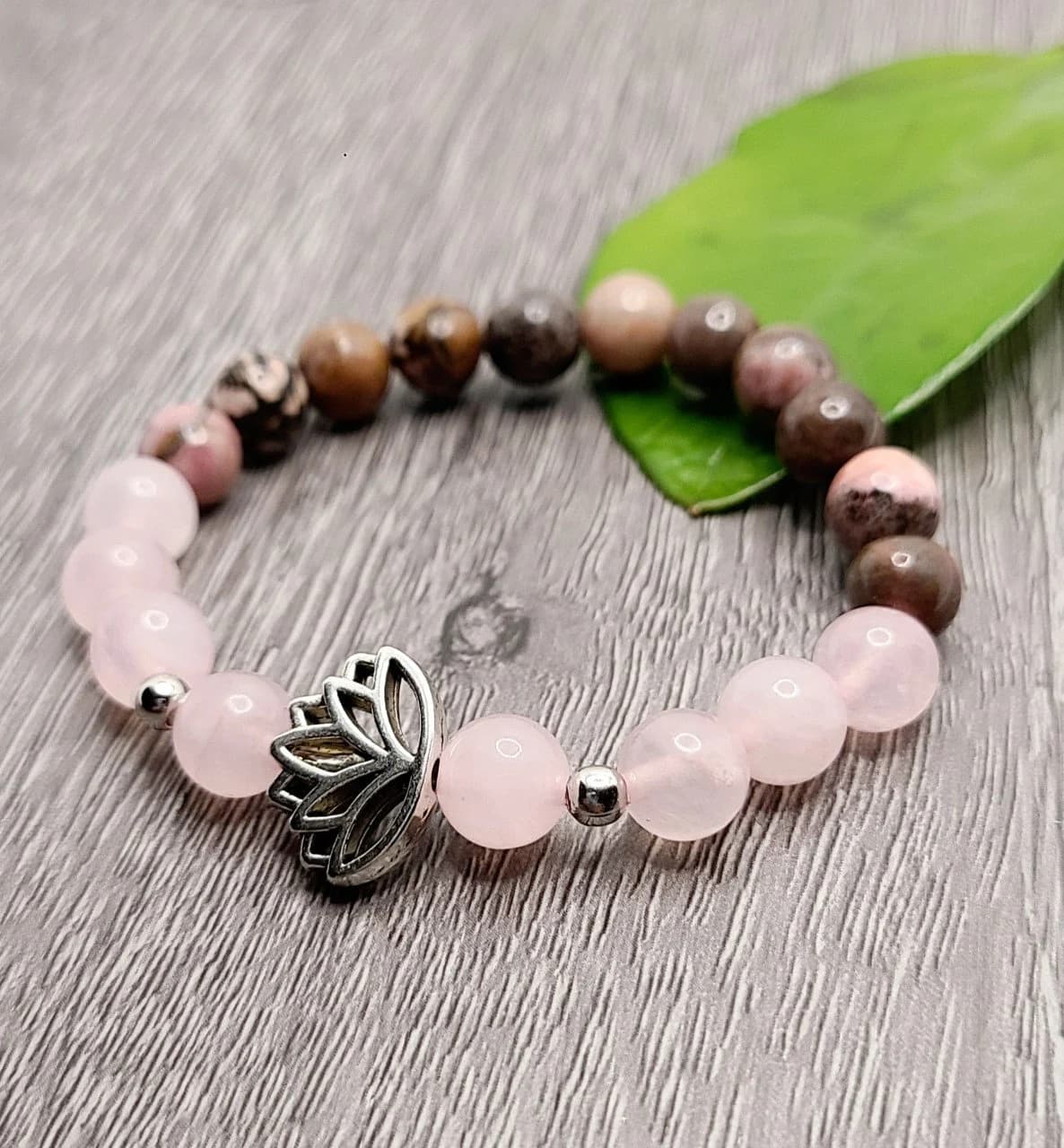 Healing Rose Quartz and Rhodonite Lotus Charm Stone Bracelet Gifts under 30