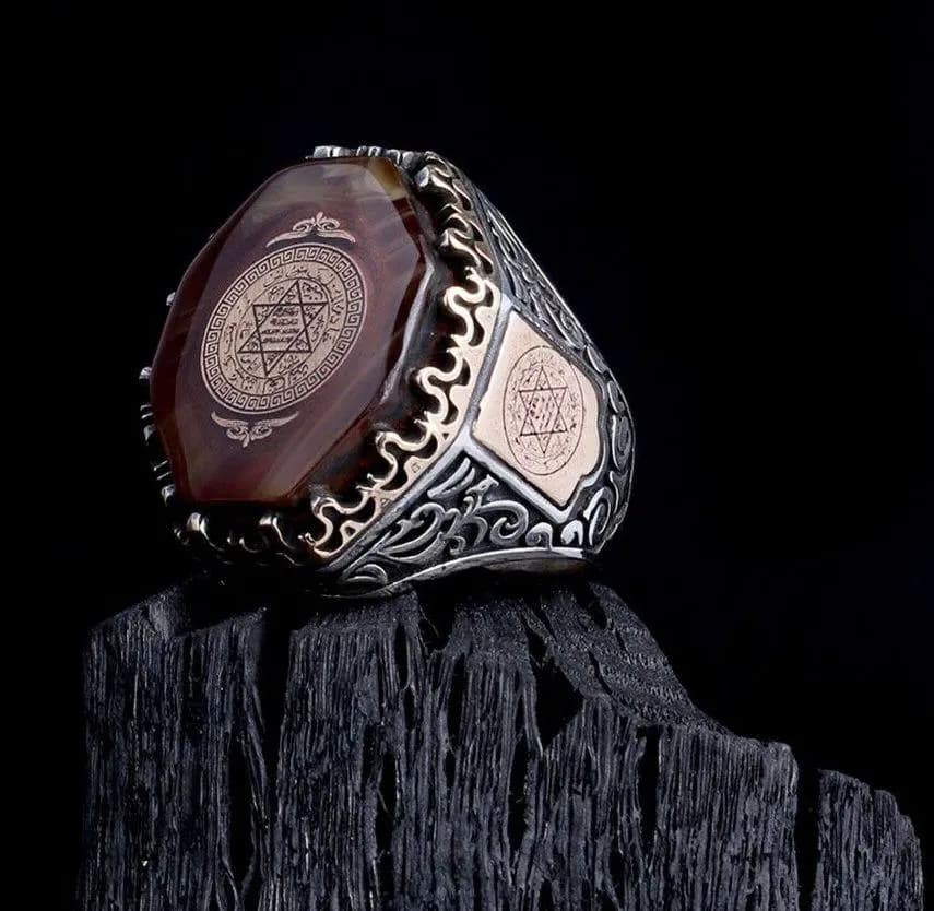 925 Sterling Silver Men's Statement Ring, Seal of Solomon Amber Stone Jewelry - image 3