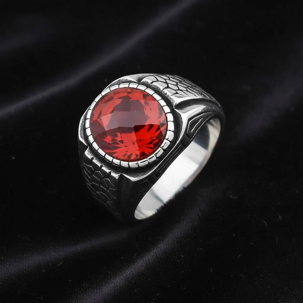 Men's Oval Red Zircon Sterling Silver Statement Ring, Oxidized Turkish Signet - image 4