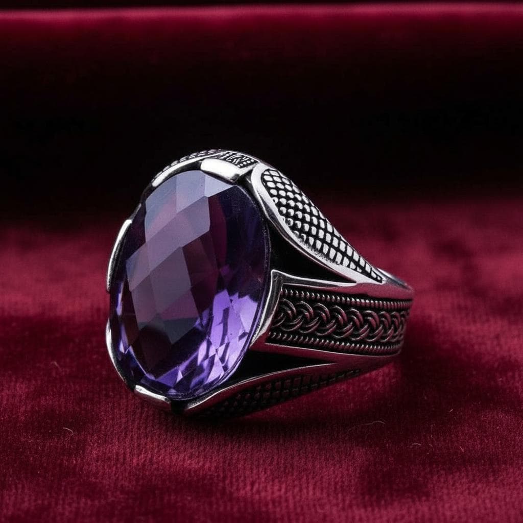 925 Sterling Silver Purple Zircon Ring, Braided Pattern Men’s Statement Ring - image 4