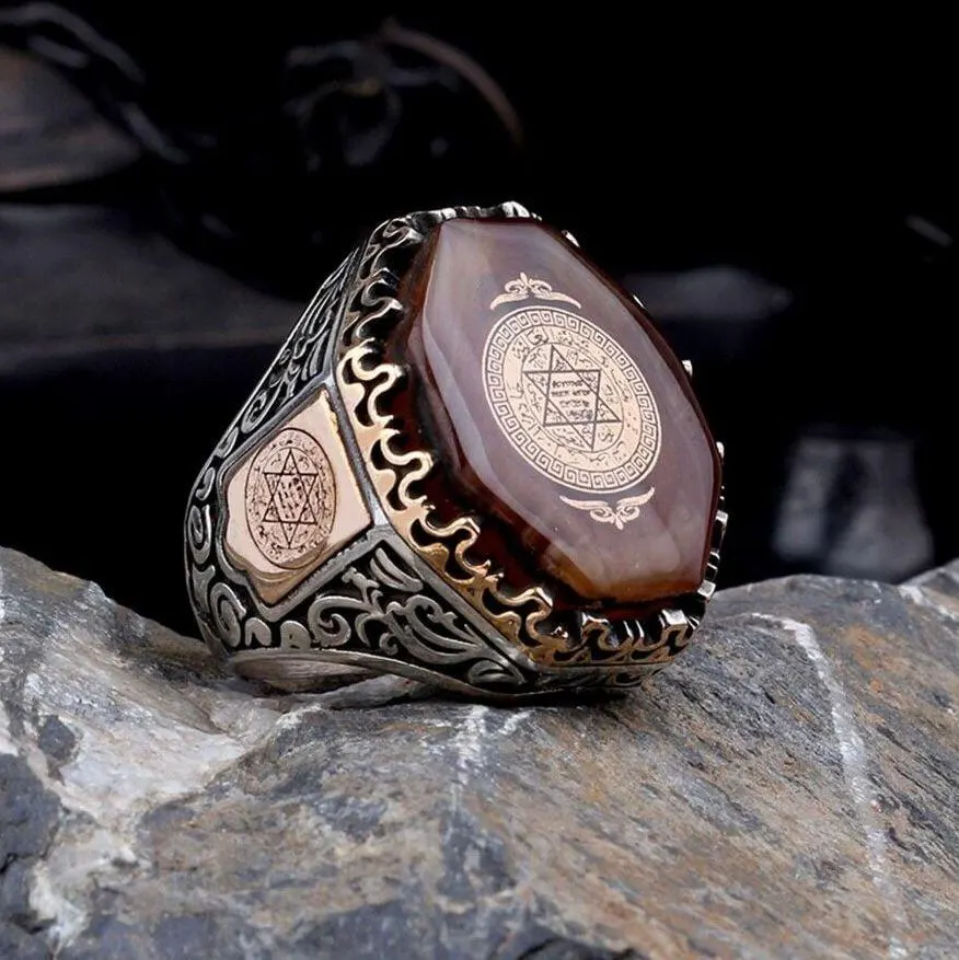 925 Sterling Silver Men's Statement Ring, Seal of Solomon Amber Stone Jewelry - image 4