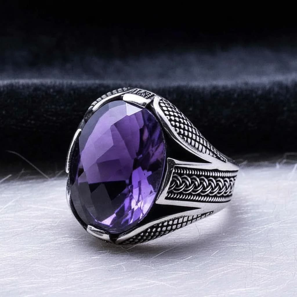 925 Sterling Silver Purple Zircon Ring, Braided Pattern Men’s Statement Ring - image 5