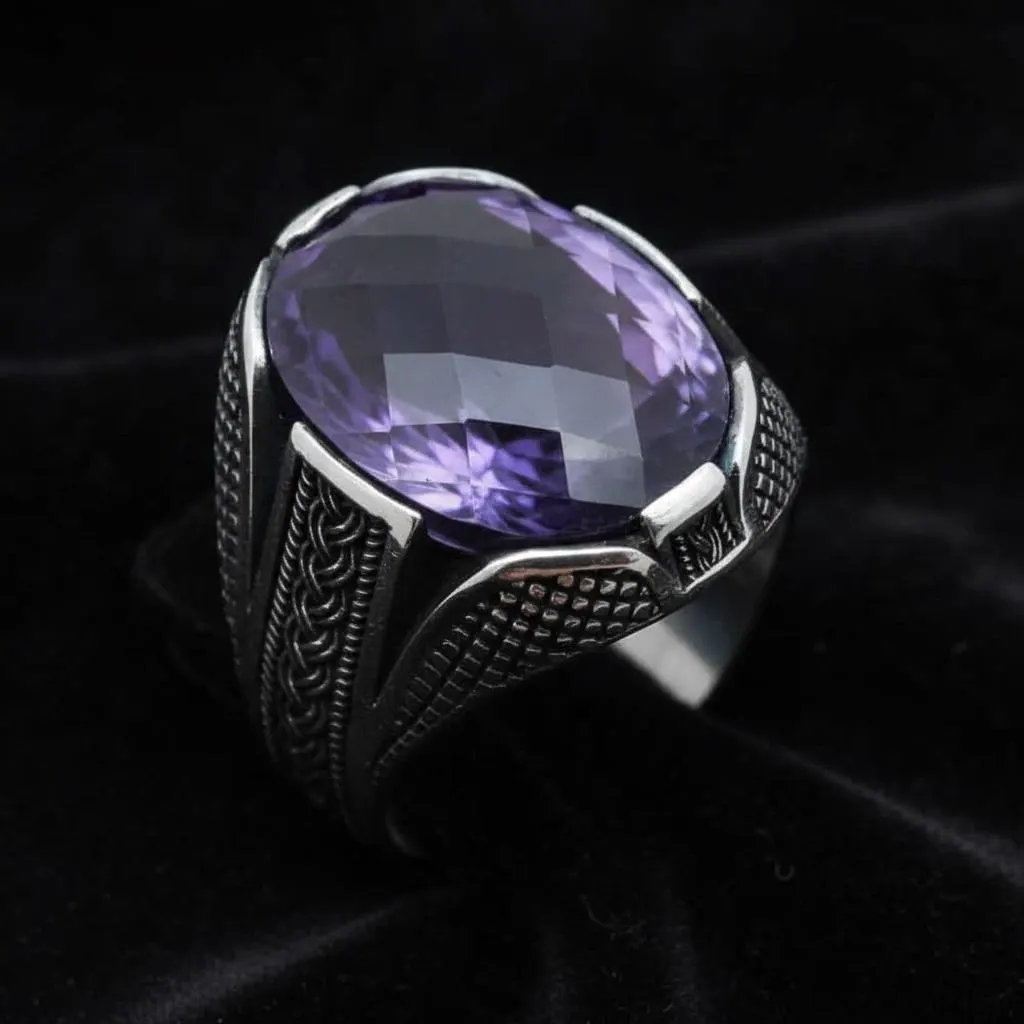 925 Sterling Silver Purple Zircon Ring, Braided Pattern Men’s Statement Ring - image 3