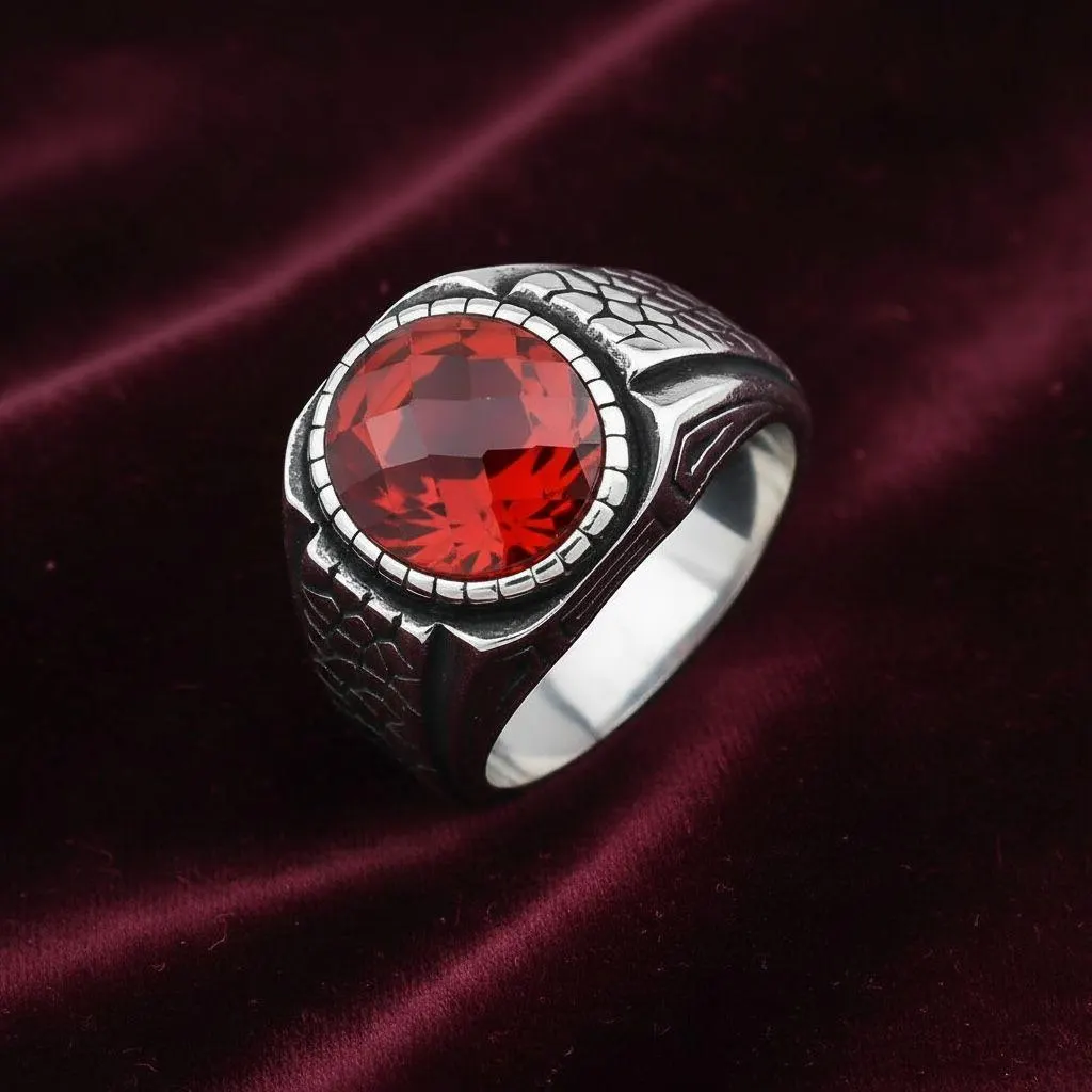 Men's Oval Red Zircon Sterling Silver Statement Ring, Oxidized Turkish Signet - image 5