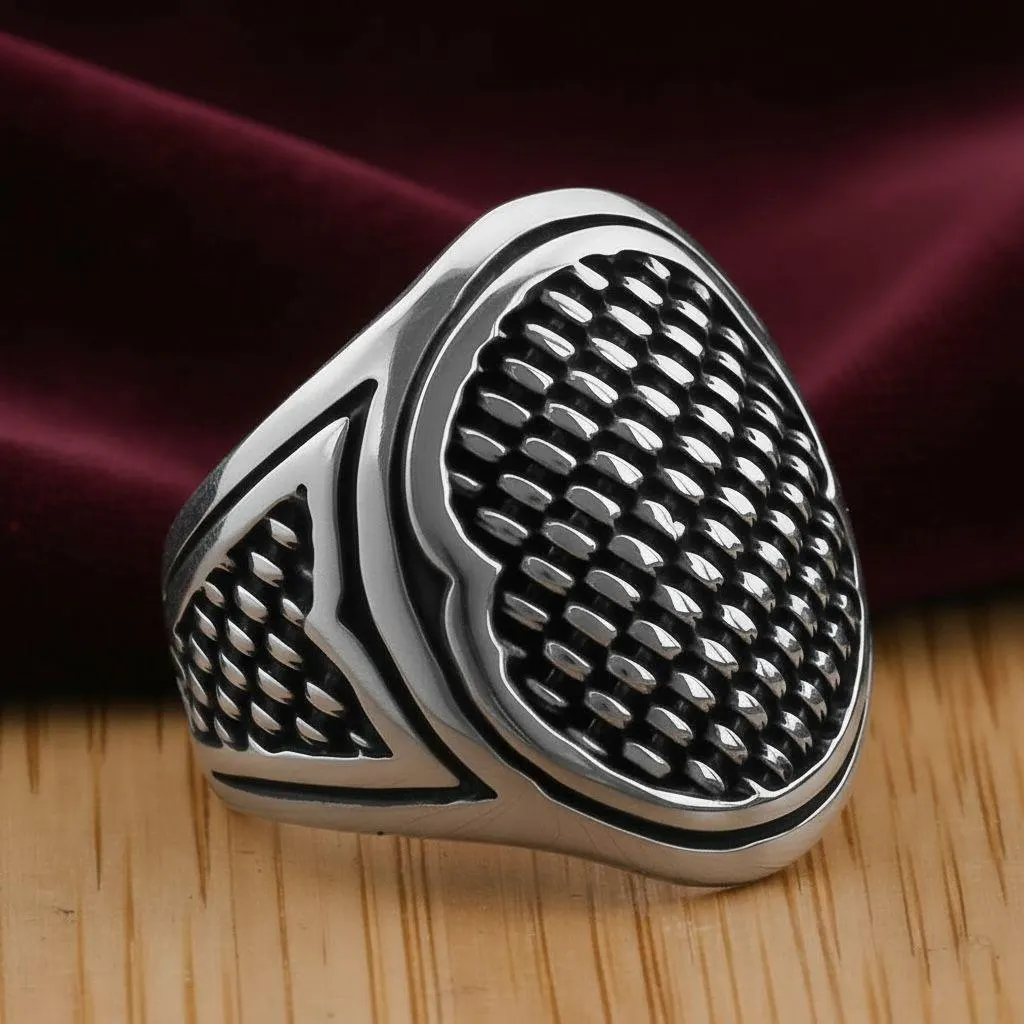 Men's Sterling Silver Textured Signet Ring, Oxidized Geometric Accents - image 3
