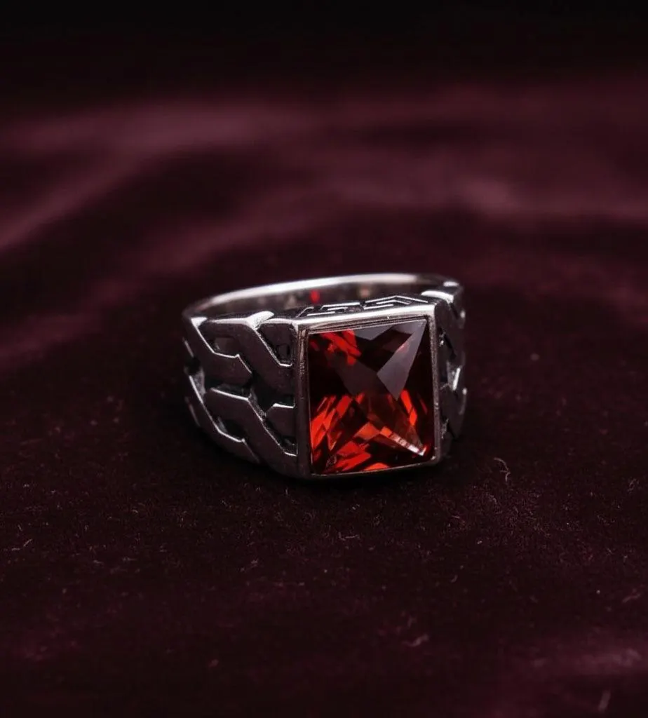 925 Sterling Silver Red Zircon Braided Signet Ring Geometric Statement - image 3