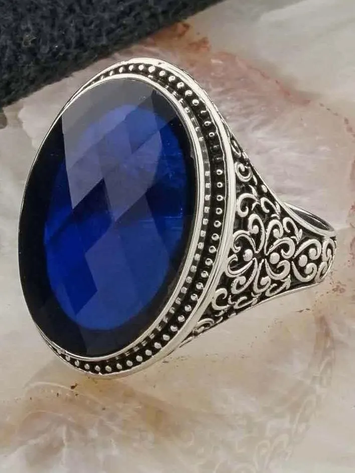 Men's Sterling Silver Blue Zircon Statement Ring, Ottoman Artistry Oval Gemstone - image 3