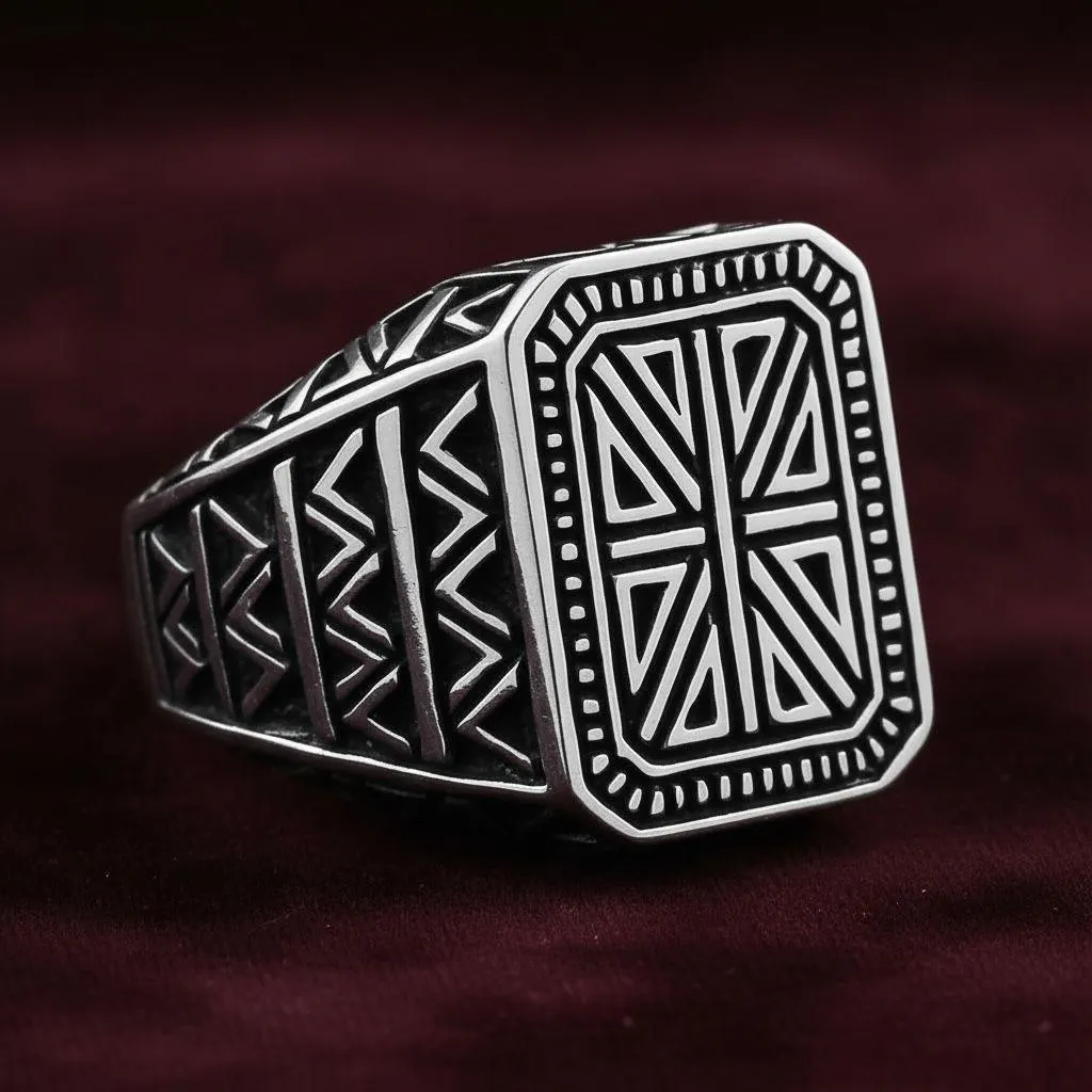 Men's Sterling Silver Seljuk Motif Signet Ring, Handmade Turkish Heritage Geometric Design - image 3