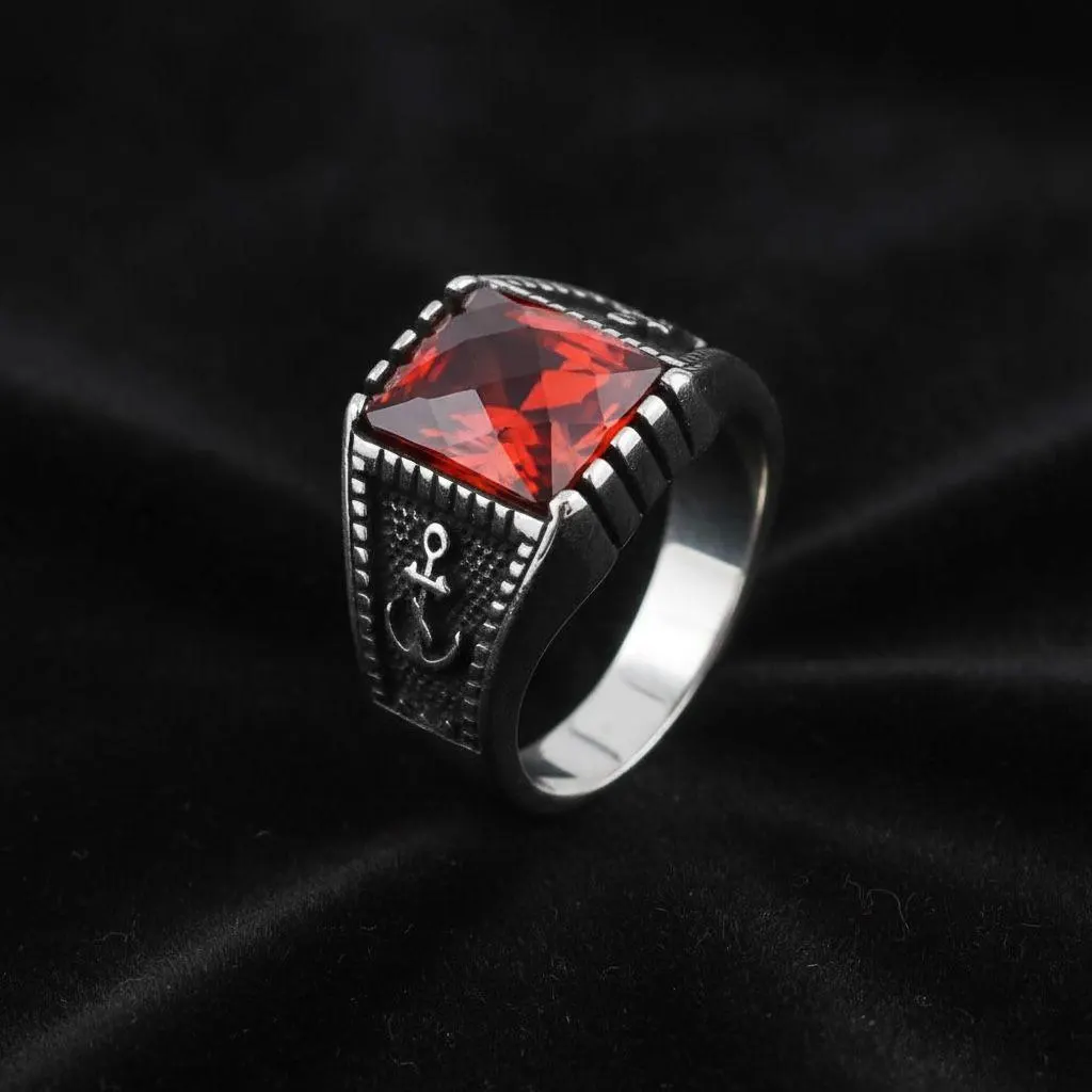 Men's Sterling Silver Anchor Ring, Red Zircon, Nautical Signet, Sailor Jewelry - image 4