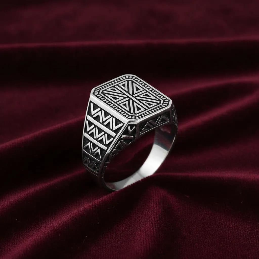 Men's Sterling Silver Seljuk Motif Signet Ring, Handmade Turkish Heritage Geometric Design - image 5
