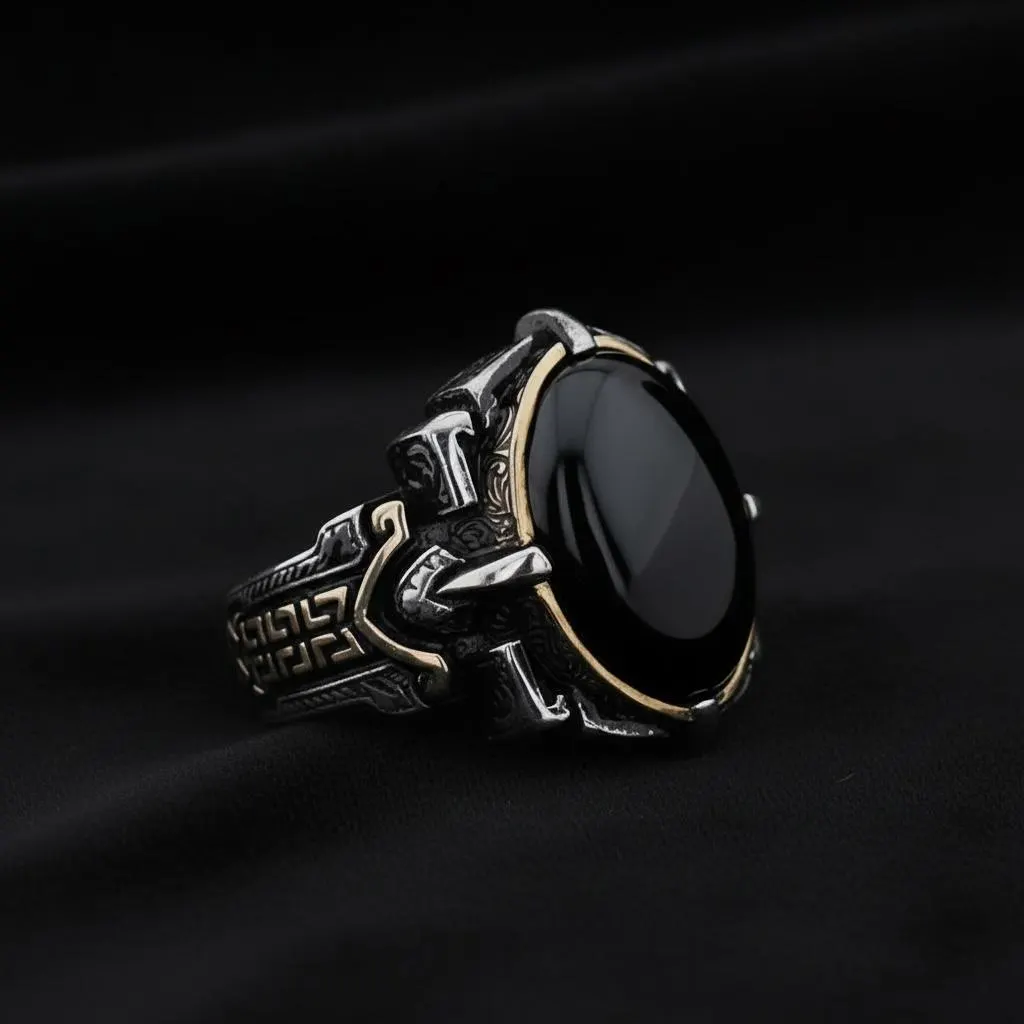 925 Sterling Silver Oval Black Onyx Ring, Ottoman Style Men’s Statement Ring - image 3