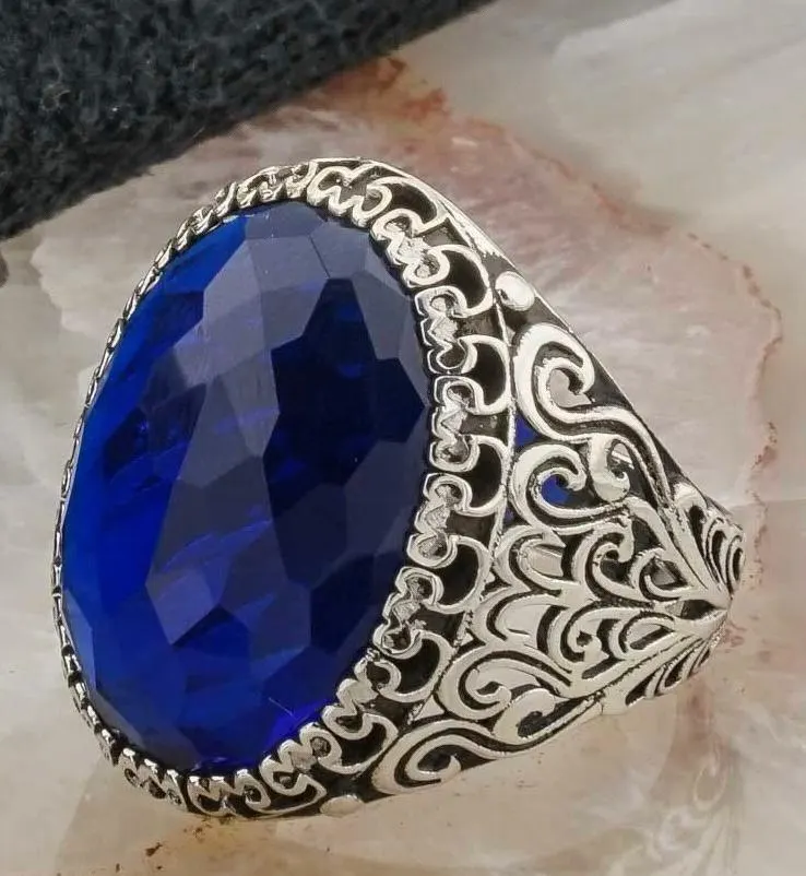 Men's Sterling Silver Blue Zircon Statement Ring, Ottoman Filigree Oval Signet - image 3