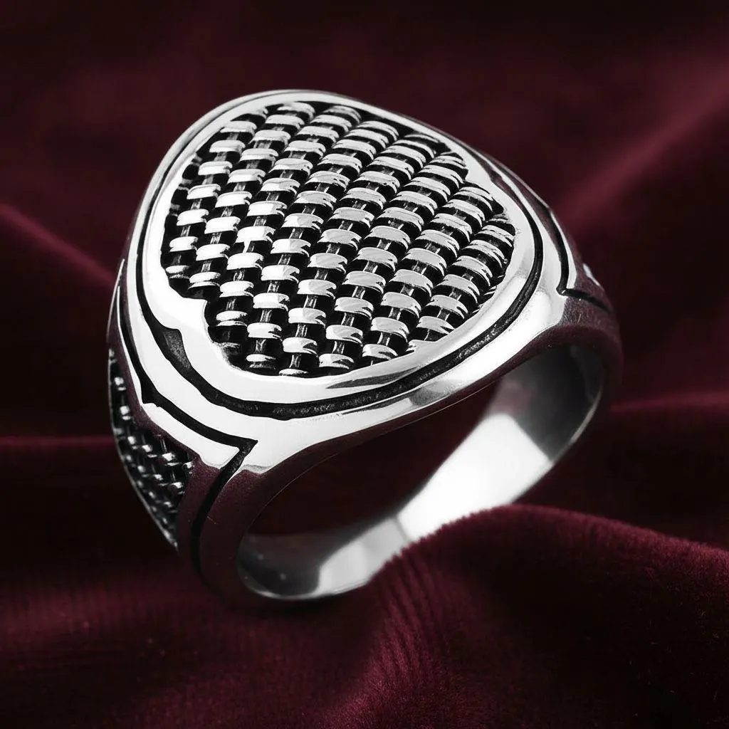 Men's Sterling Silver Textured Signet Ring, Oxidized Geometric Accents - image 4