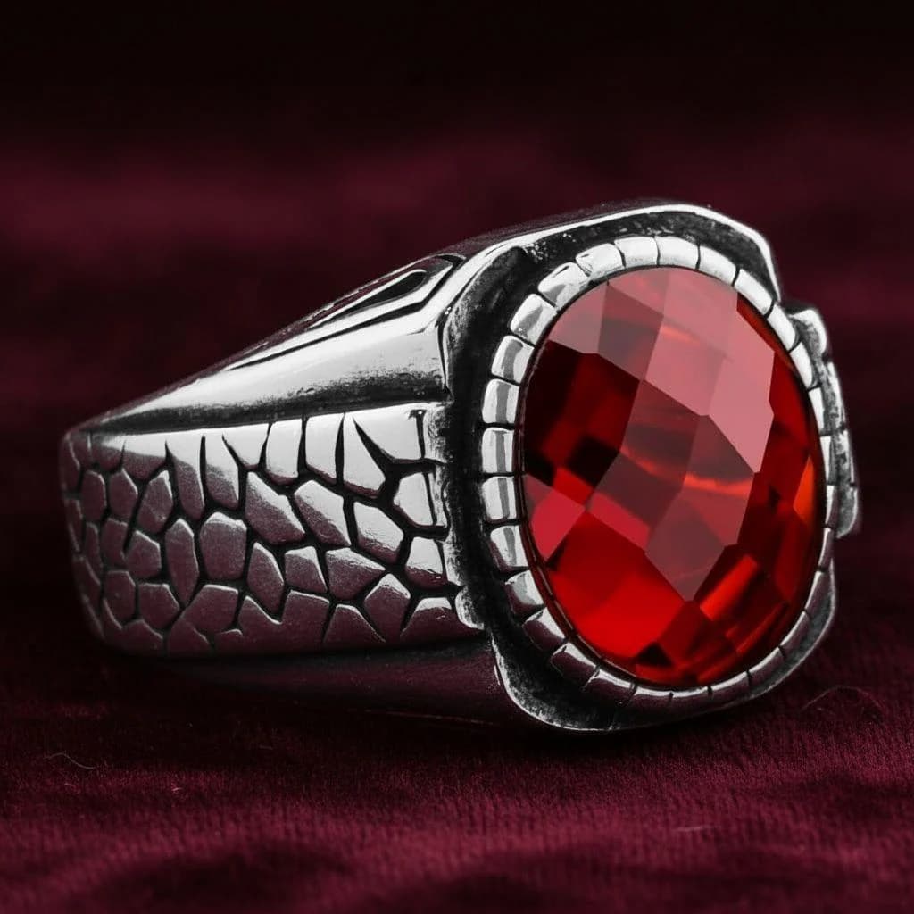 Men's Oval Red Zircon Sterling Silver Statement Ring, Oxidized Turkish Signet - image 3