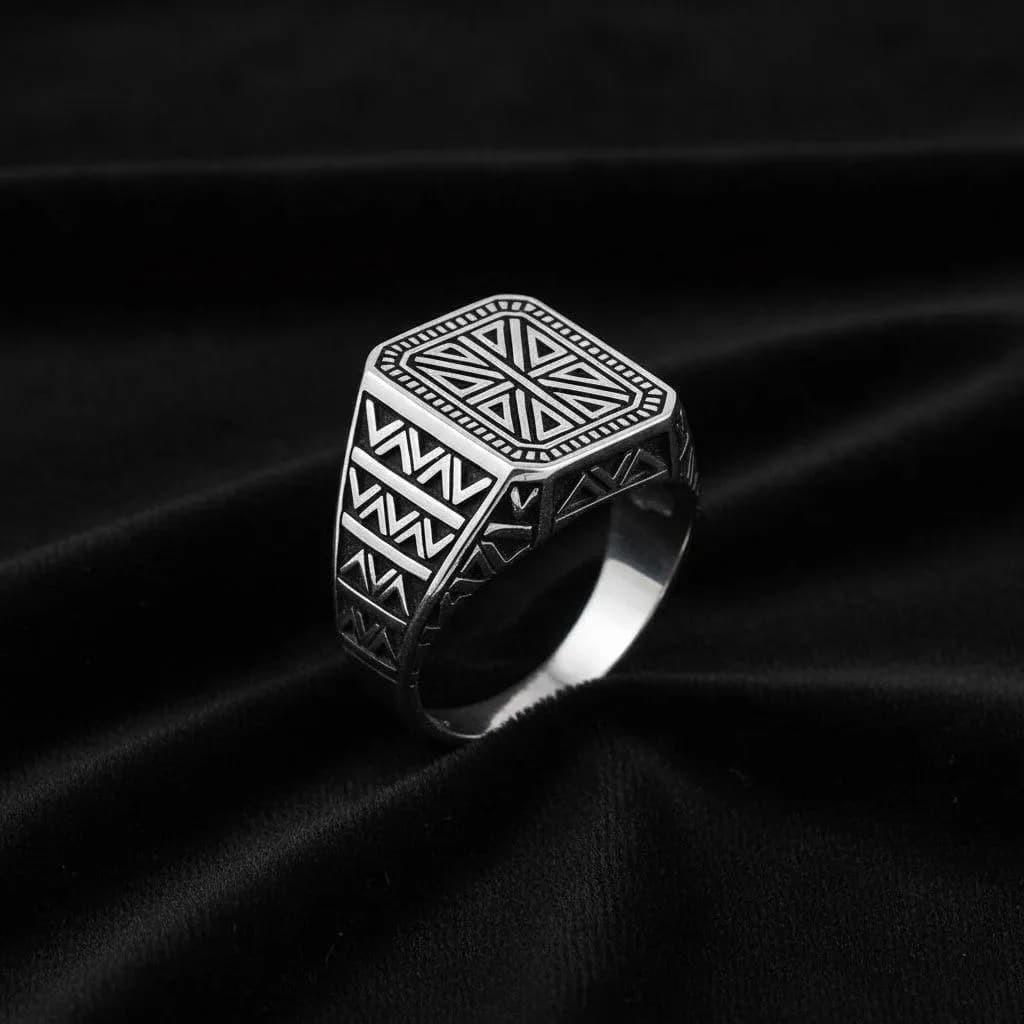 Men's Sterling Silver Seljuk Motif Signet Ring, Handmade Turkish Heritage Geometric Design - image 4
