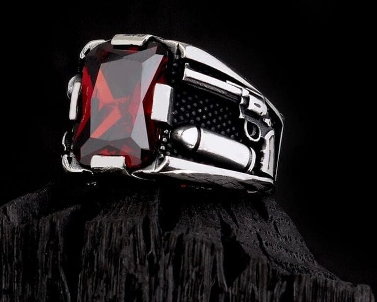 Men's Sterling Silver Ring, Emerald Cut Red Zircon Statement Ring - image 3