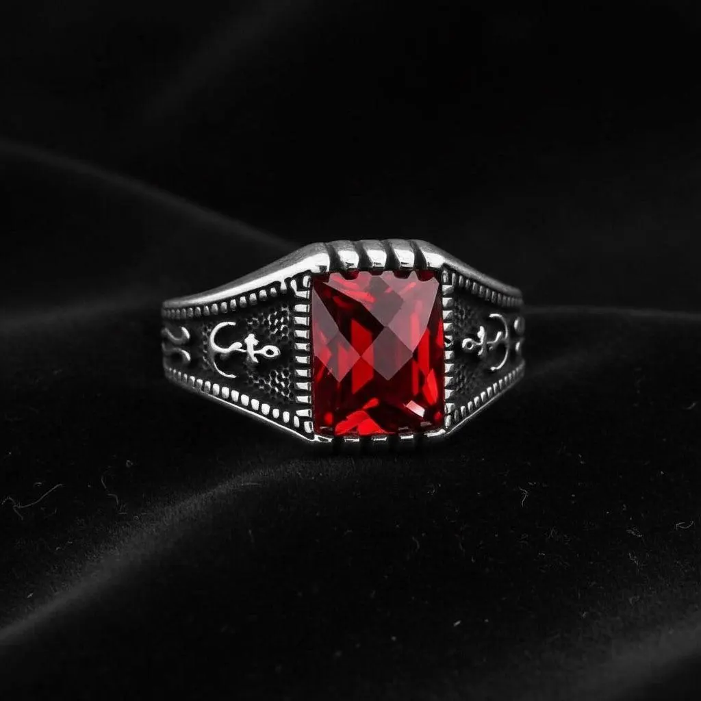 Men's Sterling Silver Anchor Ring, Red Zircon, Nautical Signet, Sailor Jewelry - image 3