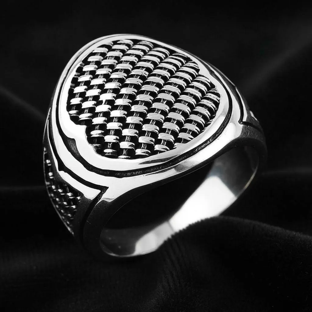 Men's Sterling Silver Textured Signet Ring, Oxidized Geometric Accents - image 5