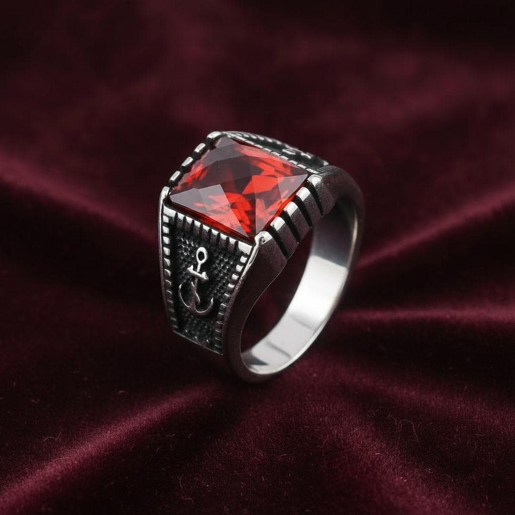 Men's Sterling Silver Anchor Ring, Red Zircon, Nautical Signet, Sailor Jewelry - image 5