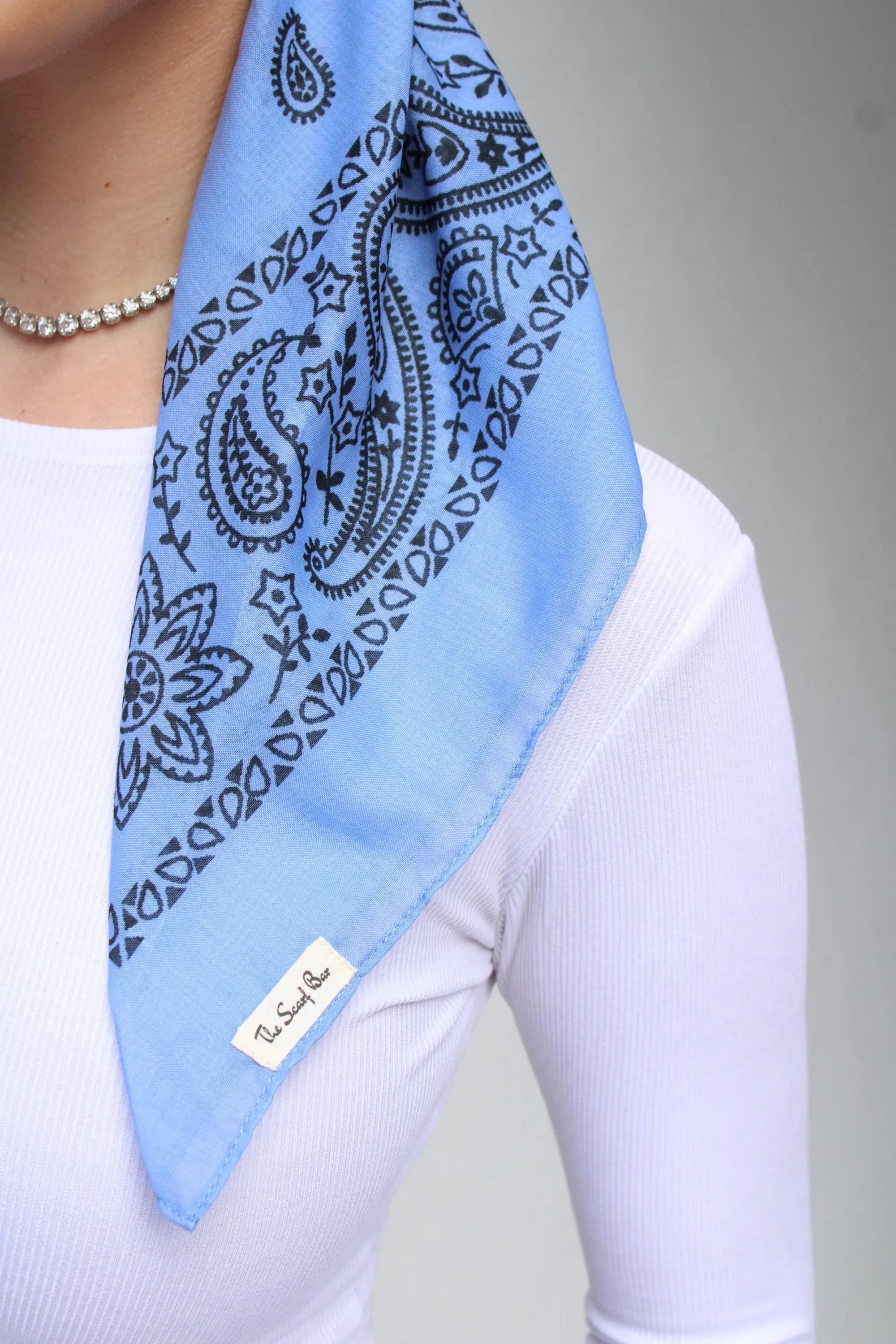 SHORT CLASSIC PRETIED paisley dusty blue head scarf (with velvet grip)