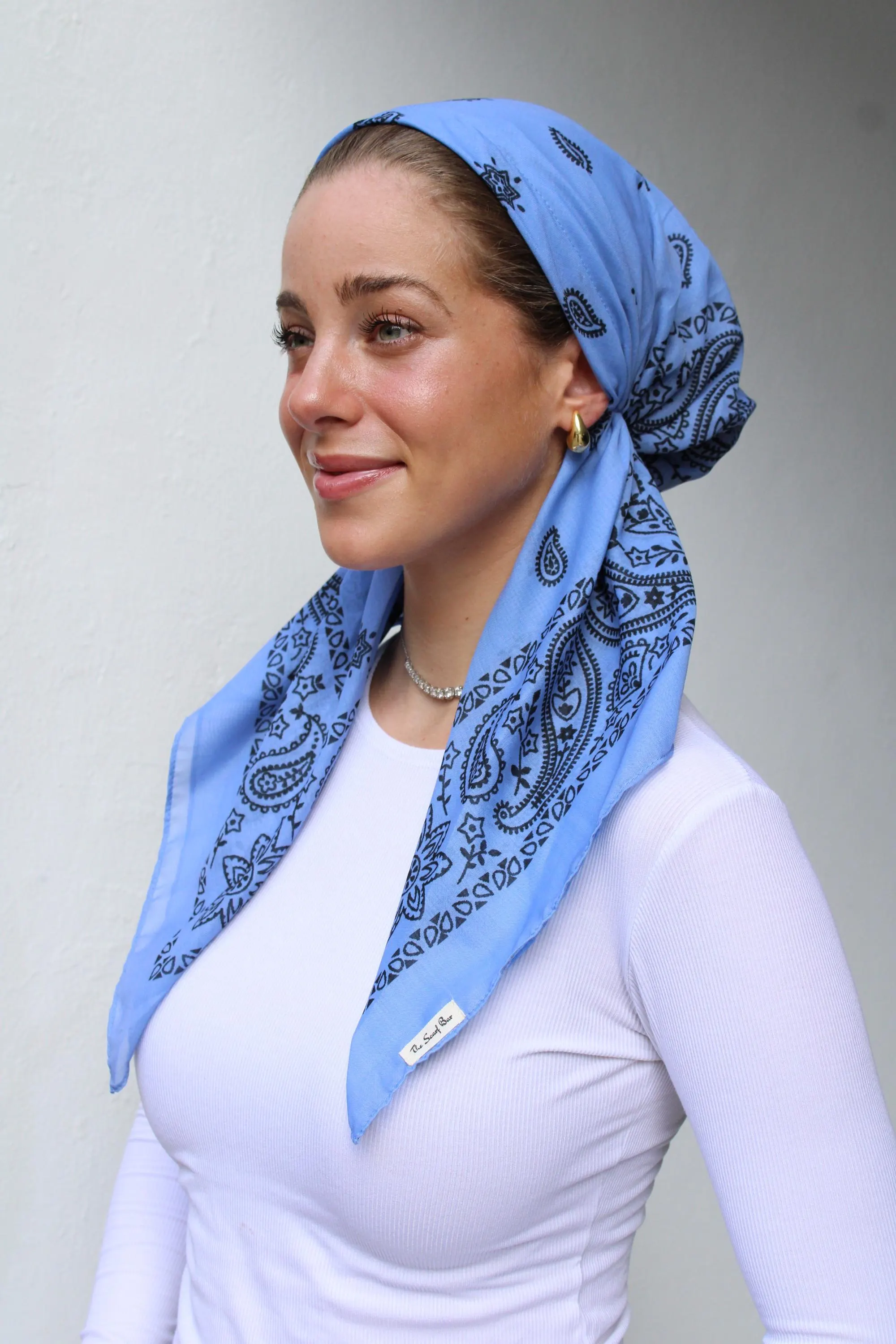 SHORT CLASSIC PRETIED paisley dusty blue head scarf (with velvet grip)