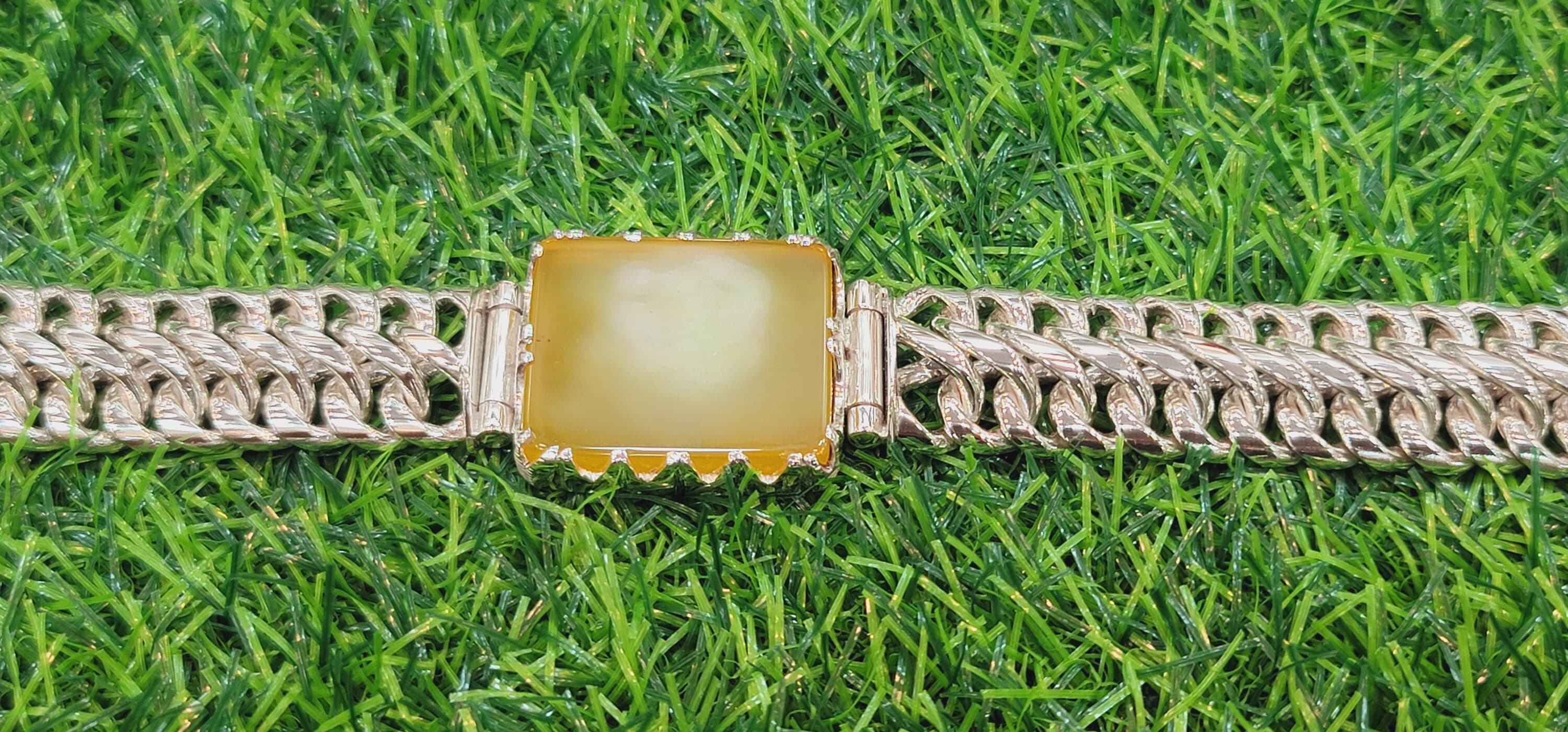 Natural Yellow Aqeeq Sterling Silver Bracelet | Antique Design, Engraved Name Lock Box - image 2