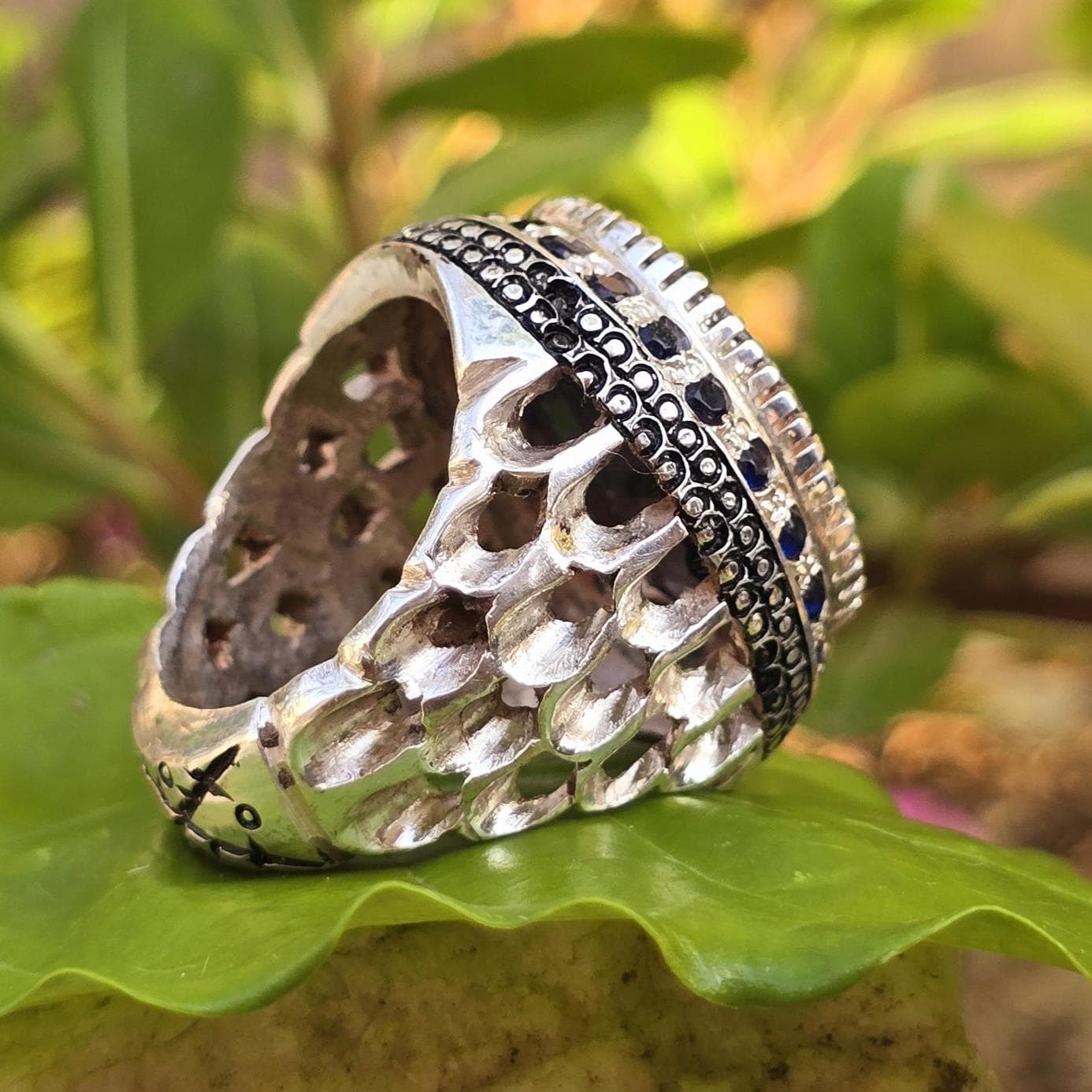 Natural Blue Sapphire Stone Handmade Antique Ring | Big Size Neelum Stone | Handcrafted Vintage Jewelry - image 4