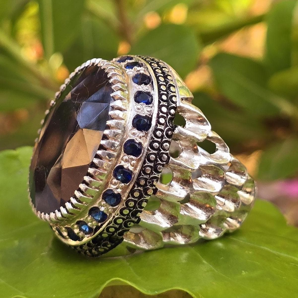 Natural Blue Sapphire Stone Handmade Antique Ring | Big Size Neelum Stone | Handcrafted Vintage Jewelry - image 3