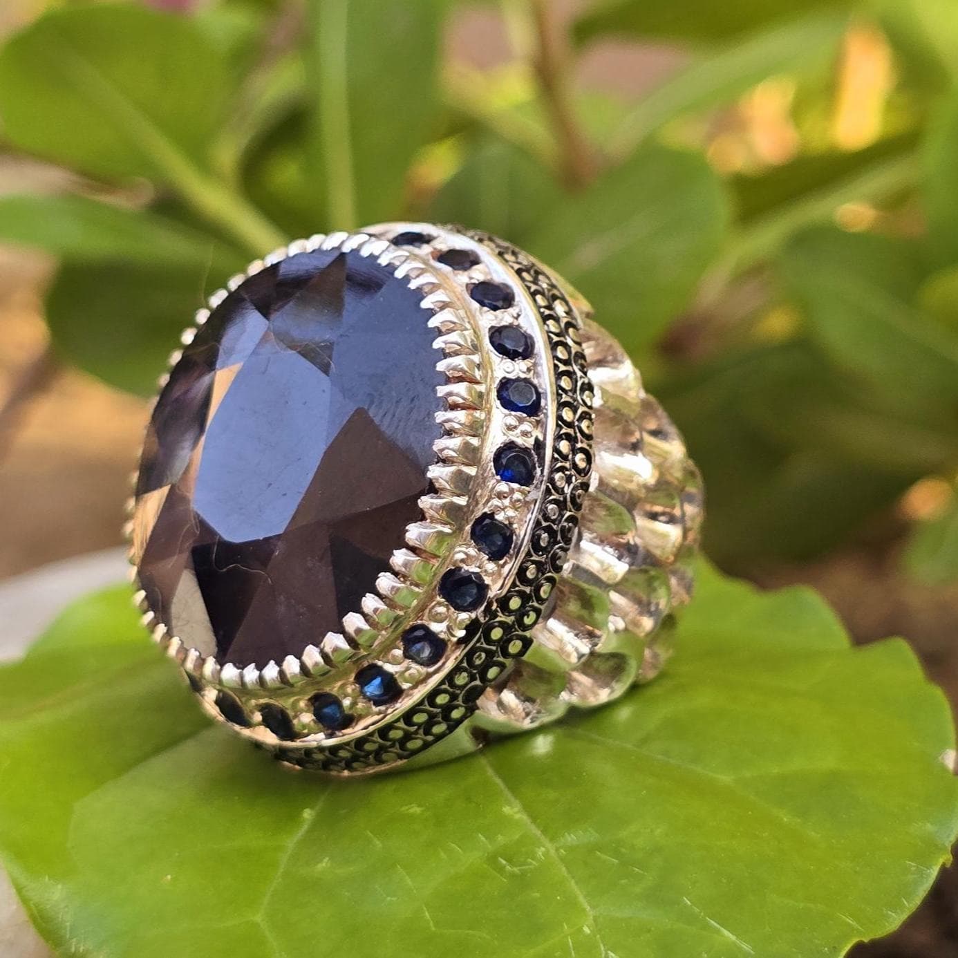 Natural Blue Sapphire Stone Handmade Antique Ring | Big Size Neelum Stone | Handcrafted Vintage Jewelry - image 5