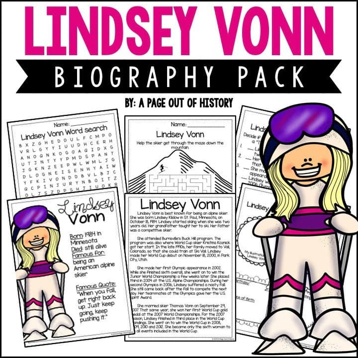 Biography Unit | Lindsey Vonn Reading No Prep Comprehension, Writing Prompts, Graphic Organizers | Homeschool Printable Pack Grades 3–5