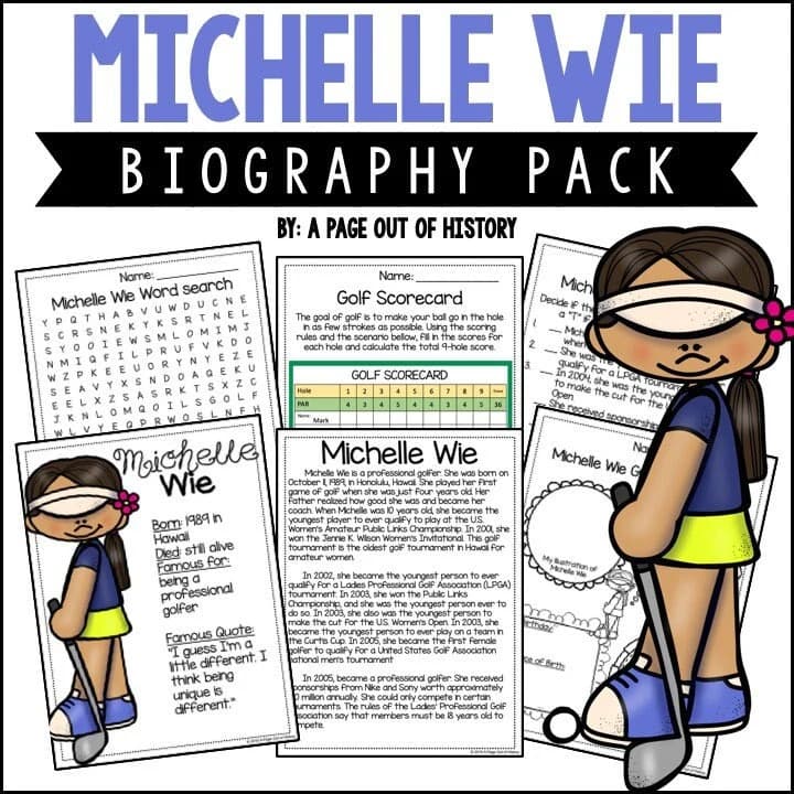 Michelle Wie Biography Activities for 3rd 4th 5th Grade | No Prep Printable Nonfiction Reading, Timeline, Writing Worksheets Homeschool