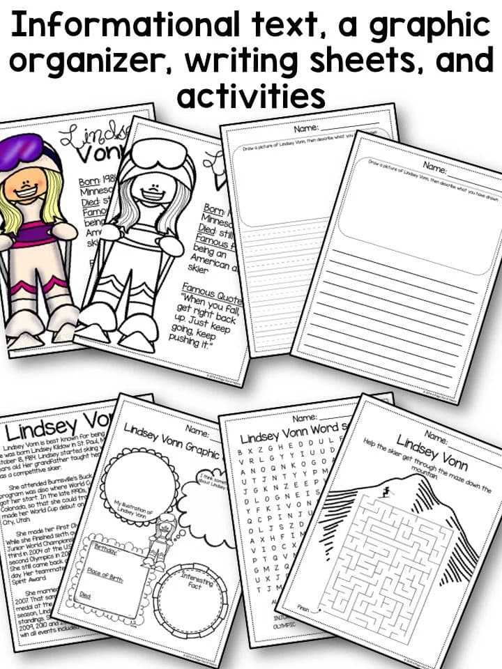 Biography Unit | Lindsey Vonn Reading No Prep Comprehension, Writing Prompts, Graphic Organizers | Homeschool Printable Pack Grades 3–5 - image 3