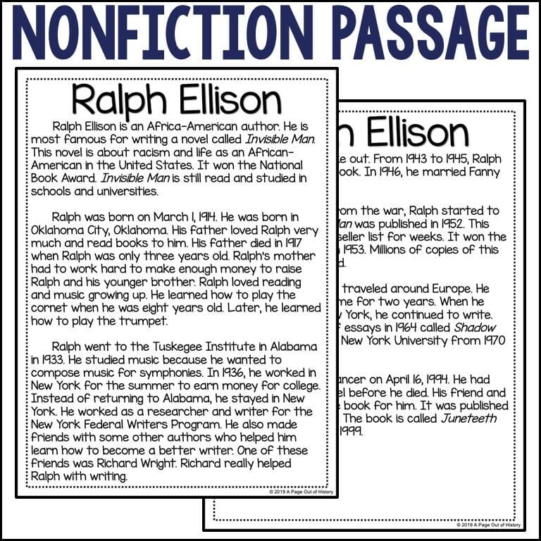 Biography Activities for Kids | Ralph Ellison Reading Comprehension, Timeline, Writing | No Prep Printable ELA Pack Grades 3–5 Homeschool - image 4