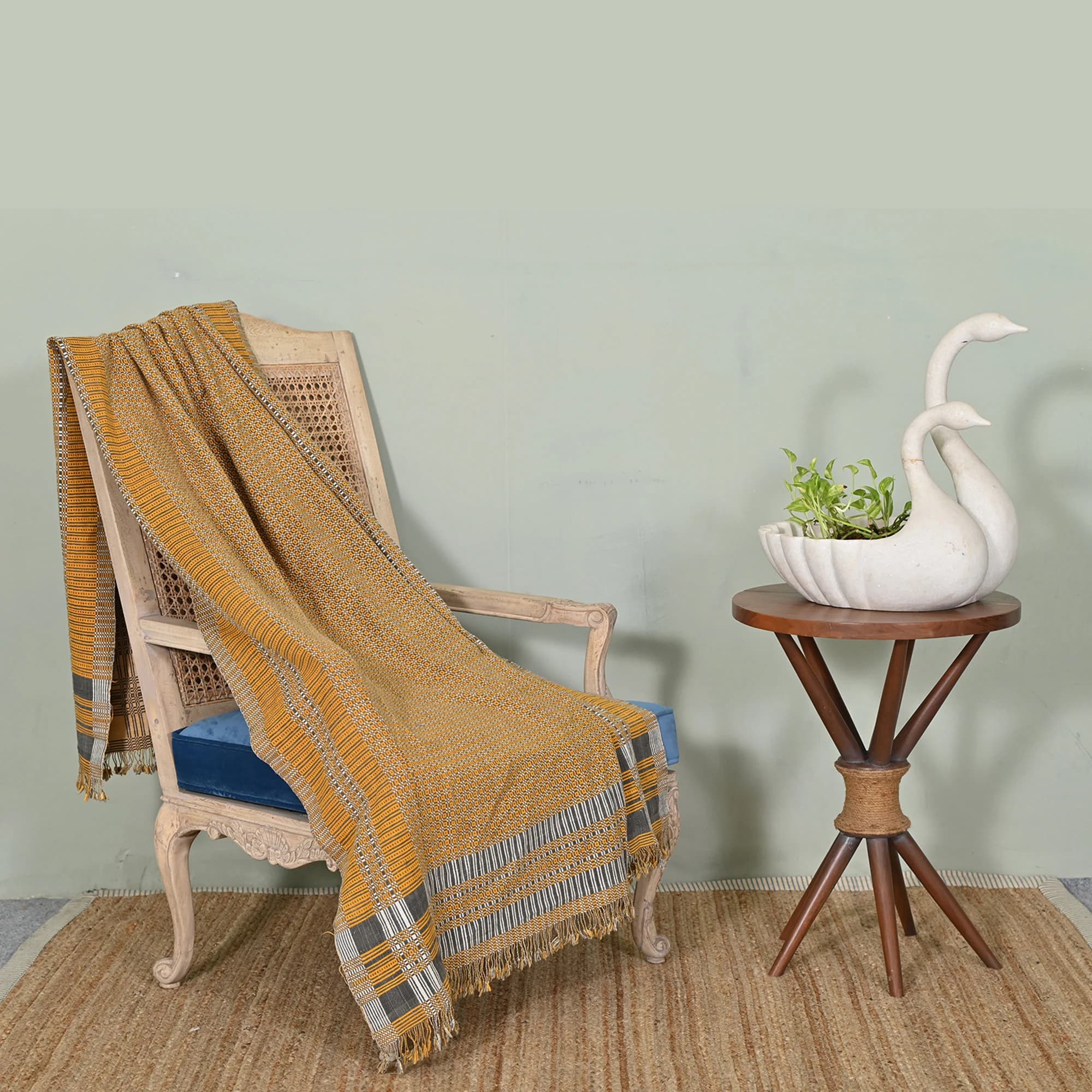 Vintage Handwoven Khes Fall Blanket Throw, Geometric Pattern Cotton Handloom Bed Cover, Mud Cloth Reversible Throw For Couch And Sofa