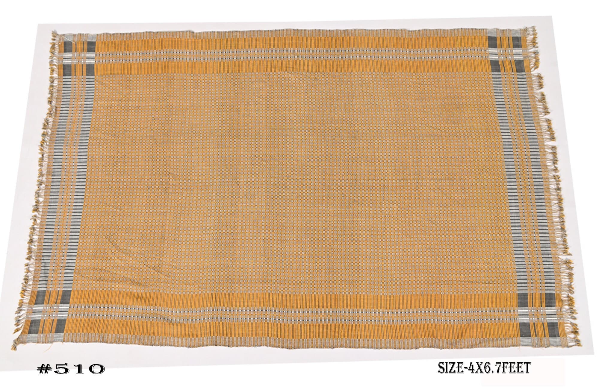 May include: Geometric Pattern Cotton Handloom Bed Cover yellow and gray woven rug with fringe edges. The rug has a checkered pattern and the text '#510' and 'SIZE-4X6.7FEET'.