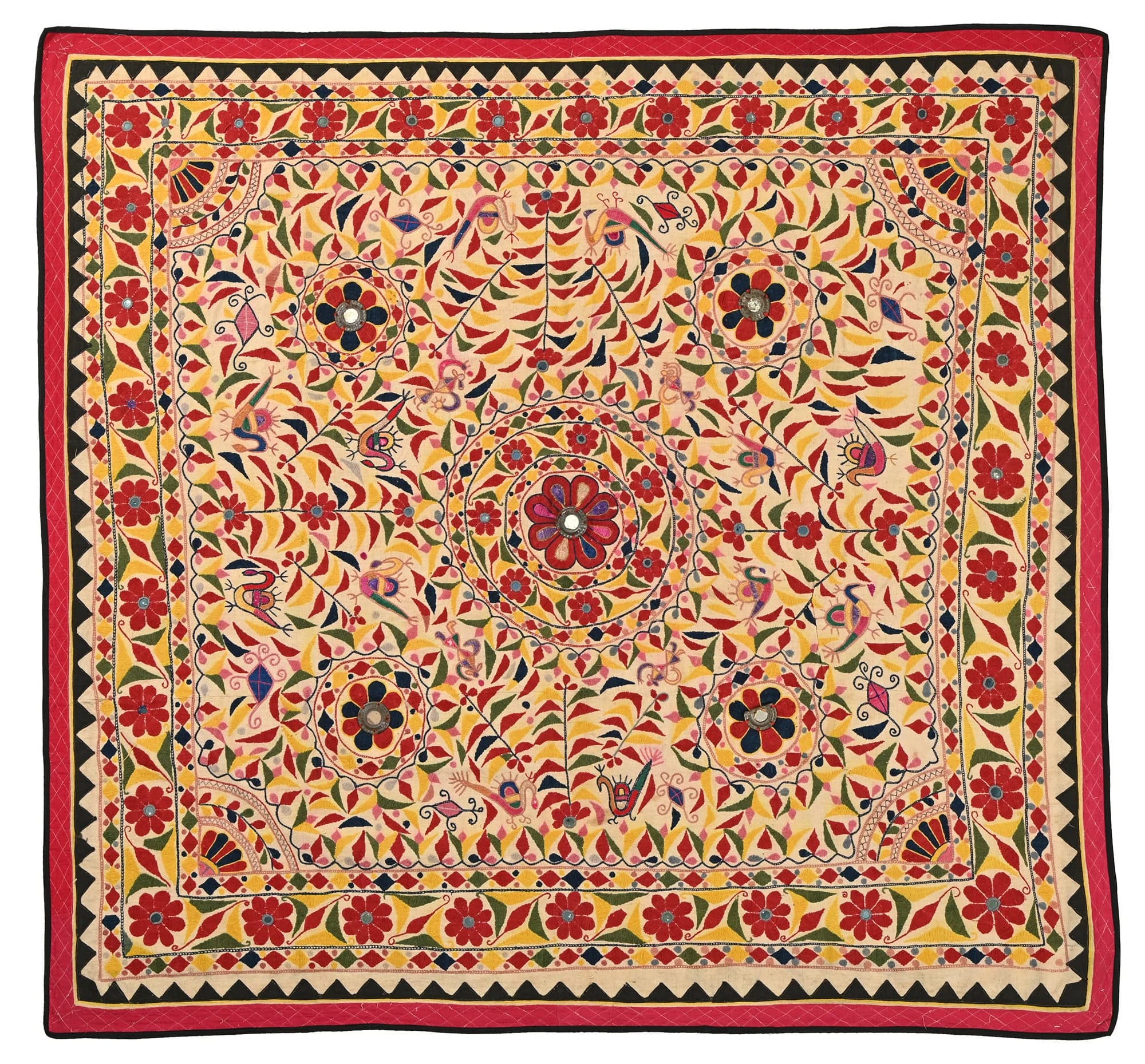 Hand Embroidered Mirror Work Tapestry: Vintage Gujarati Textile Wall Hanging (5.3*5.6 Ft)