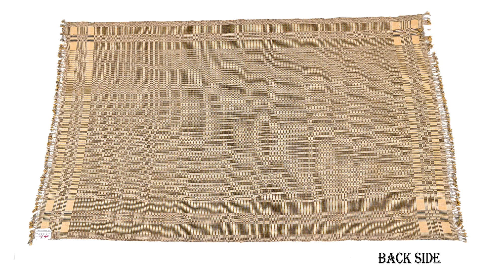 May include: Mud Cloth Reversible Throw The back side of a tan woven rug with a fringe border. The rug has a geometric pattern in a lighter tan color.